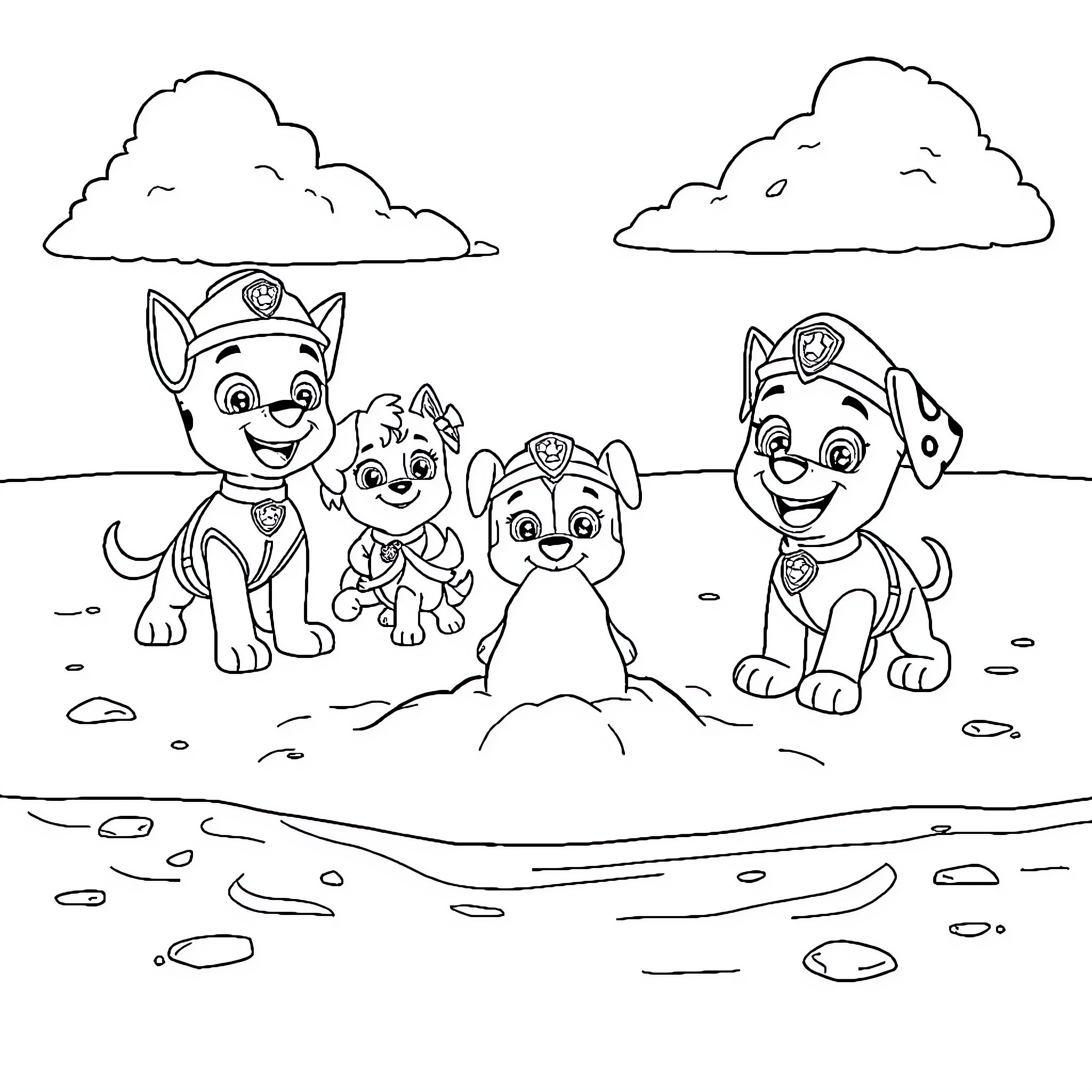 Paw Patrol Pups on Outdoor Adventure Coloring Page (free black-and-white line drawing printable PDF for all, from beginners to advanced learners, including children, teens, adults, and seniors)