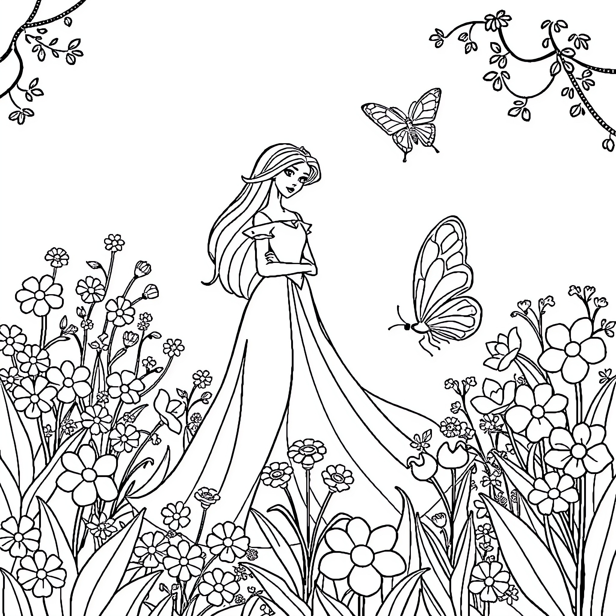 Princess exploring the enchanted garden Coloring Page (free black-and-white line drawing printable PDF for all, from beginners to advanced learners, including children, teens, adults, and seniors)