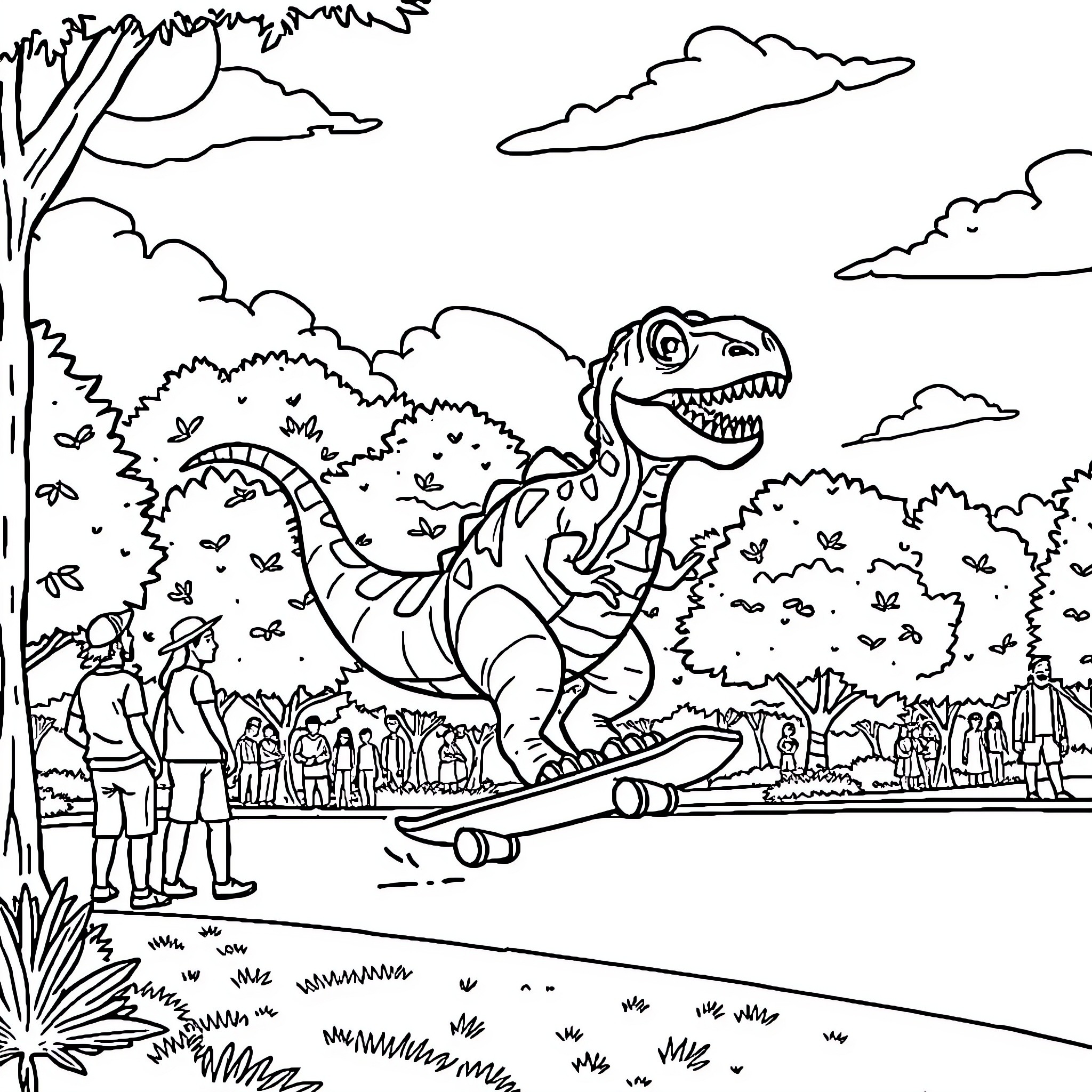 Dinosaur roars at visitors in the park Coloring Page (free black-and-white line drawing printable PDF for all, from beginners to advanced learners, including children, teens, adults, and seniors)