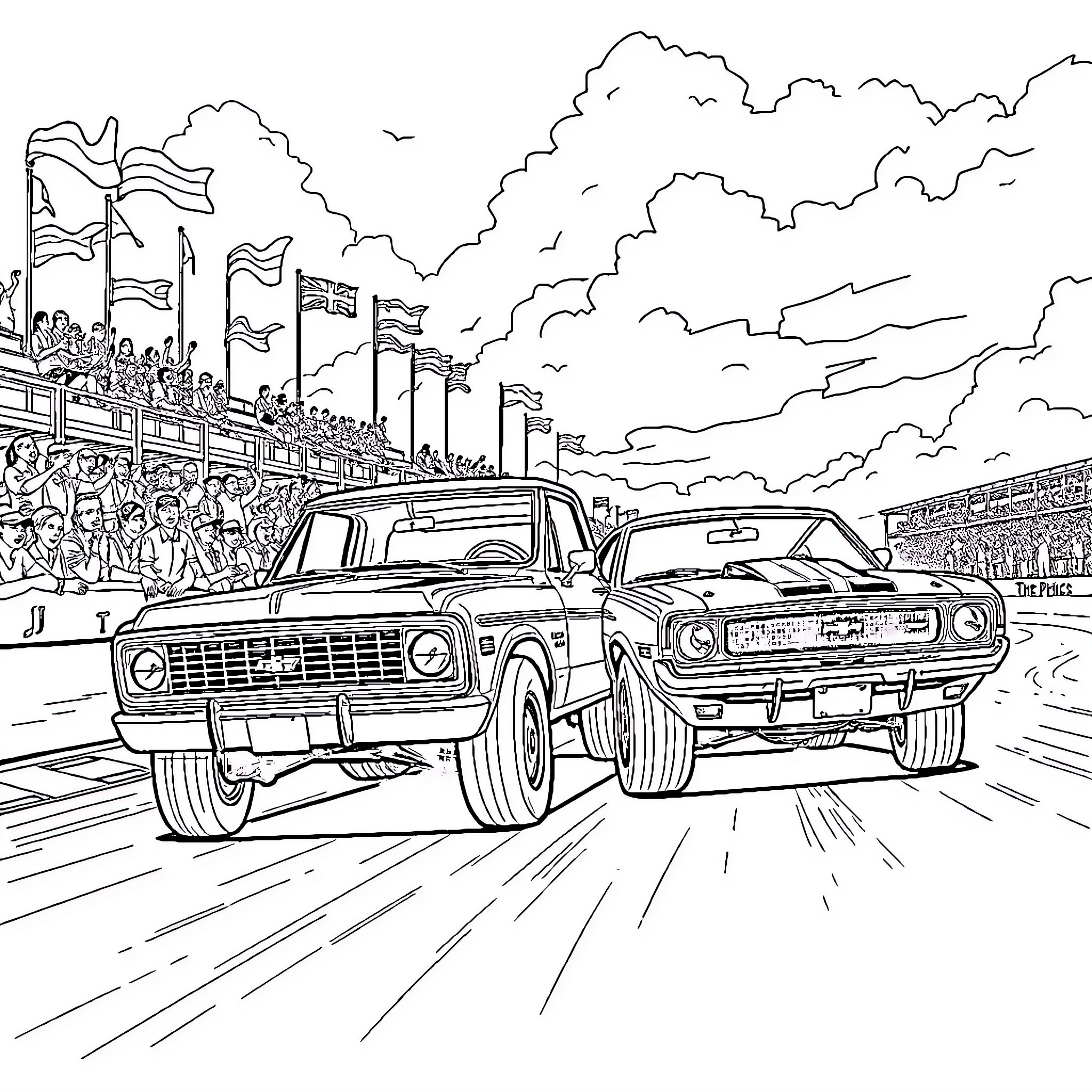 Chevy Blazers racing on the track Coloring Page (free black-and-white line drawing printable PDF for all, from beginners to advanced learners, including children, teens, adults, and seniors)