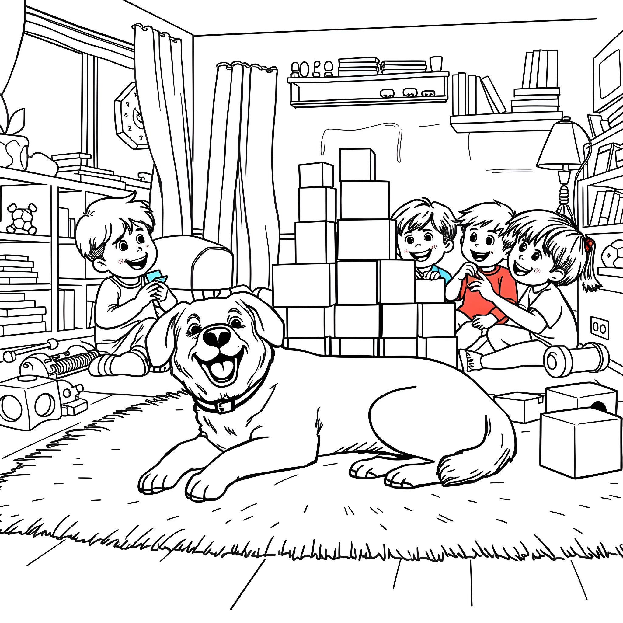 Dog Enjoying Family Time in Cozy Home Coloring Page (free black-and-white line drawing printable PDF for all, from beginners to advanced learners, including children, teens, adults, and seniors)