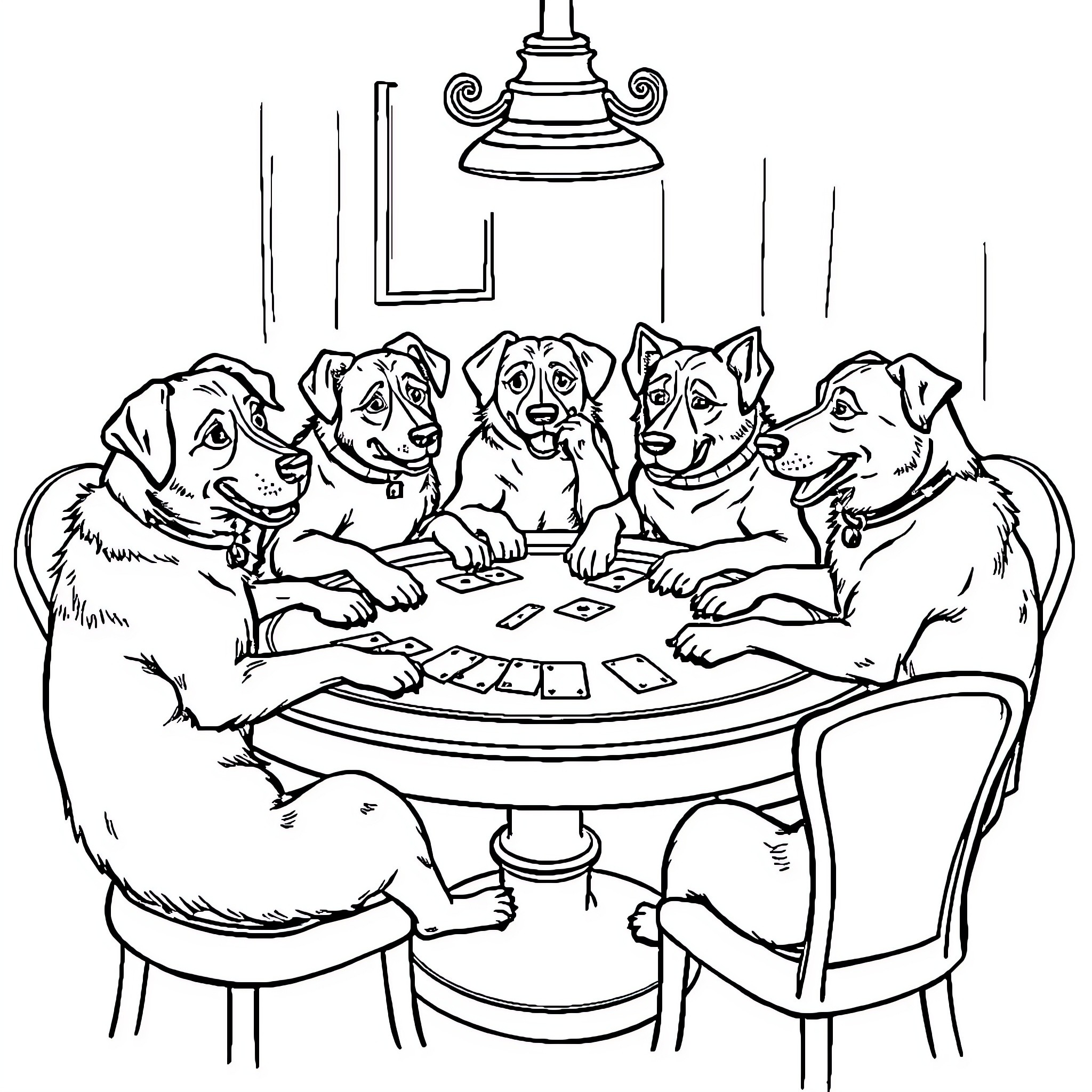 Dog friends playing cards in a game night Coloring Page (free black-and-white line drawing printable PDF for all, from beginners to advanced learners, including children, teens, adults, and seniors)