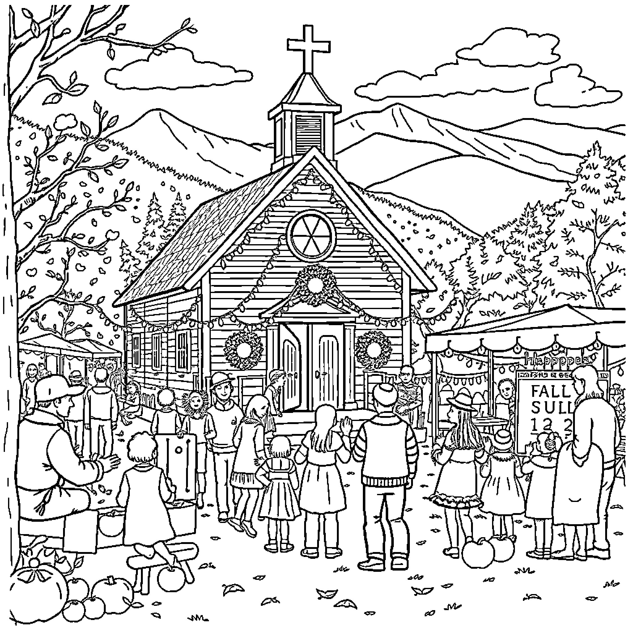 Festival of community gathering at a rural church Coloring Page (free black-and-white line drawing printable PDF for all, from beginners to advanced learners, including children, teens, adults, and seniors)