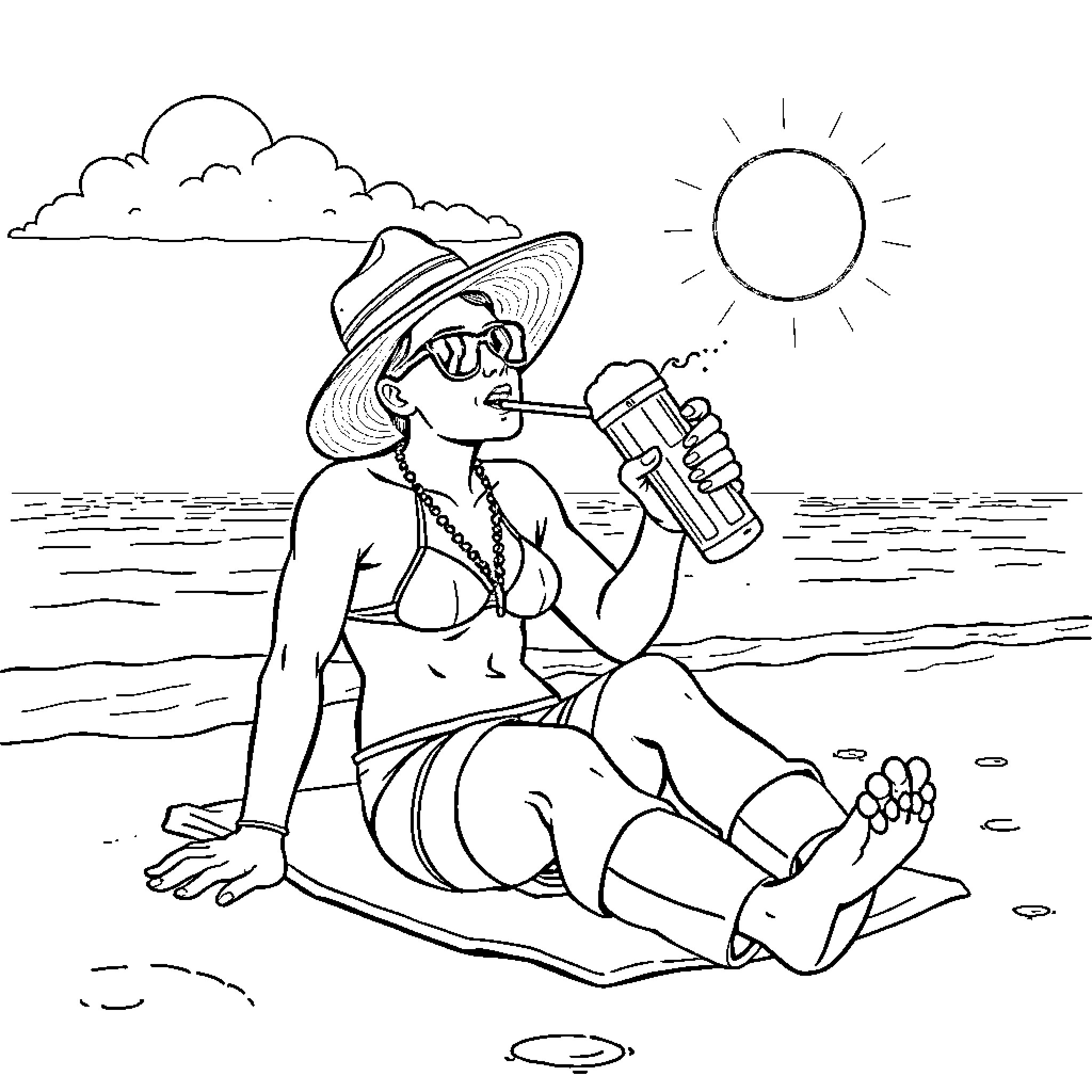 Lobezno enjoying summer day at the beach Coloring Page (free black-and-white line drawing printable PDF for all, from beginners to advanced learners, including children, teens, adults, and seniors)