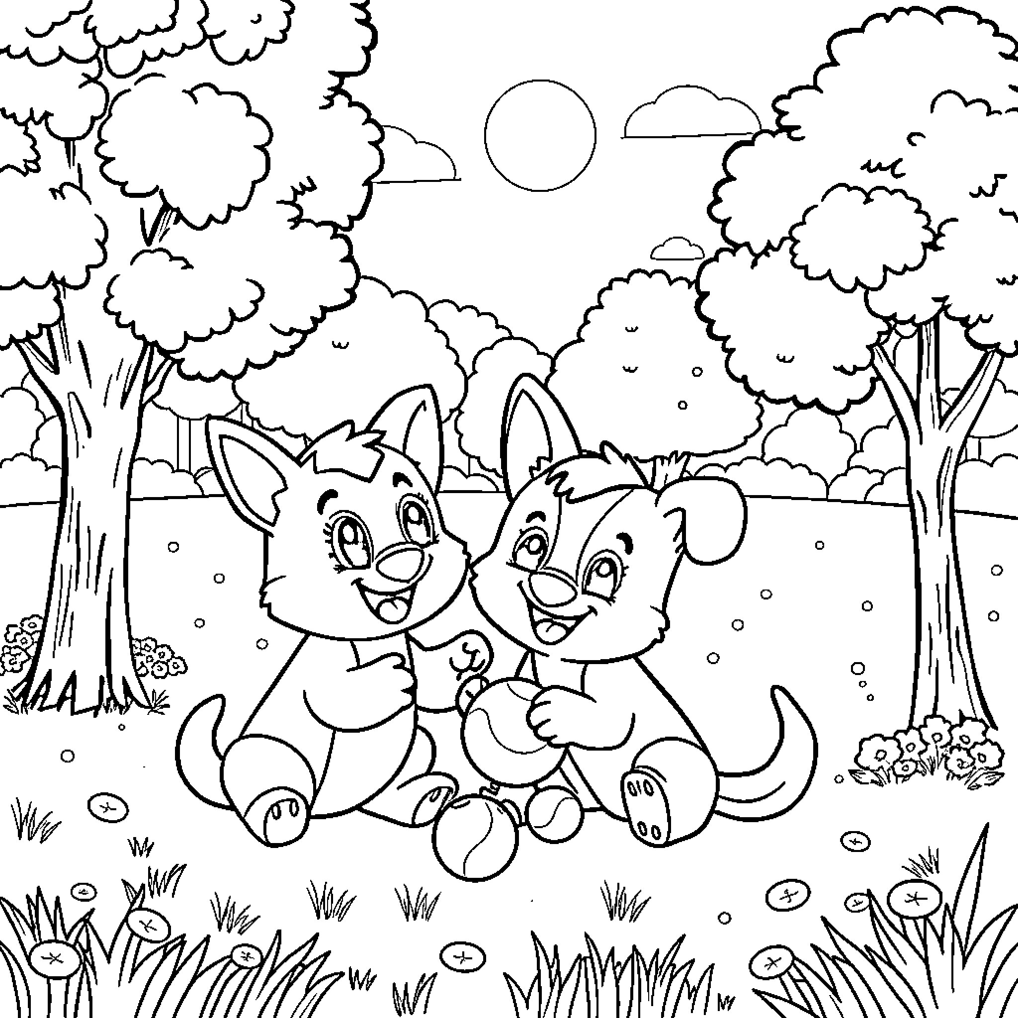 Bingo! Playful Puppies Frolic in the Forest Coloring Page (free black-and-white line drawing printable PDF for all, from beginners to advanced learners, including children, teens, adults, and seniors)