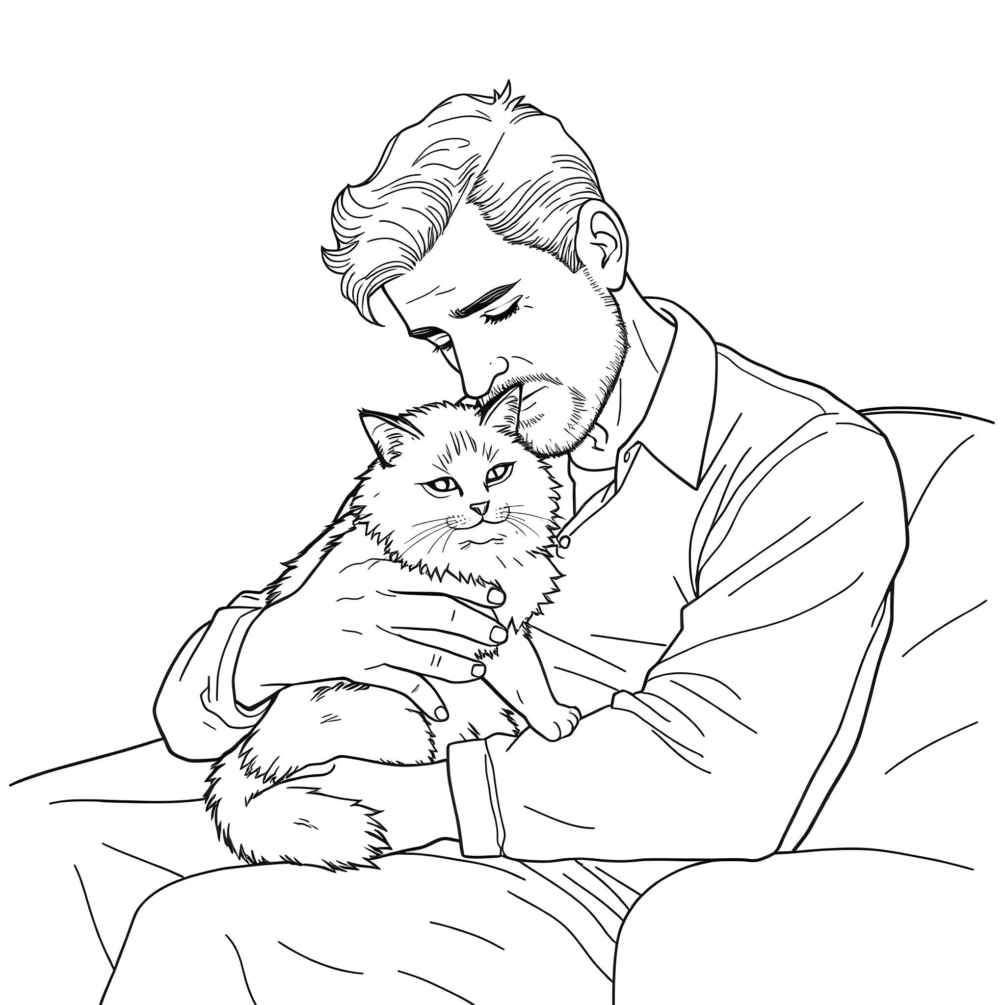 Cat comforting a person in need Coloring Page (free black-and-white line drawing printable PDF for all, from beginners to advanced learners, including children, teens, adults, and seniors)