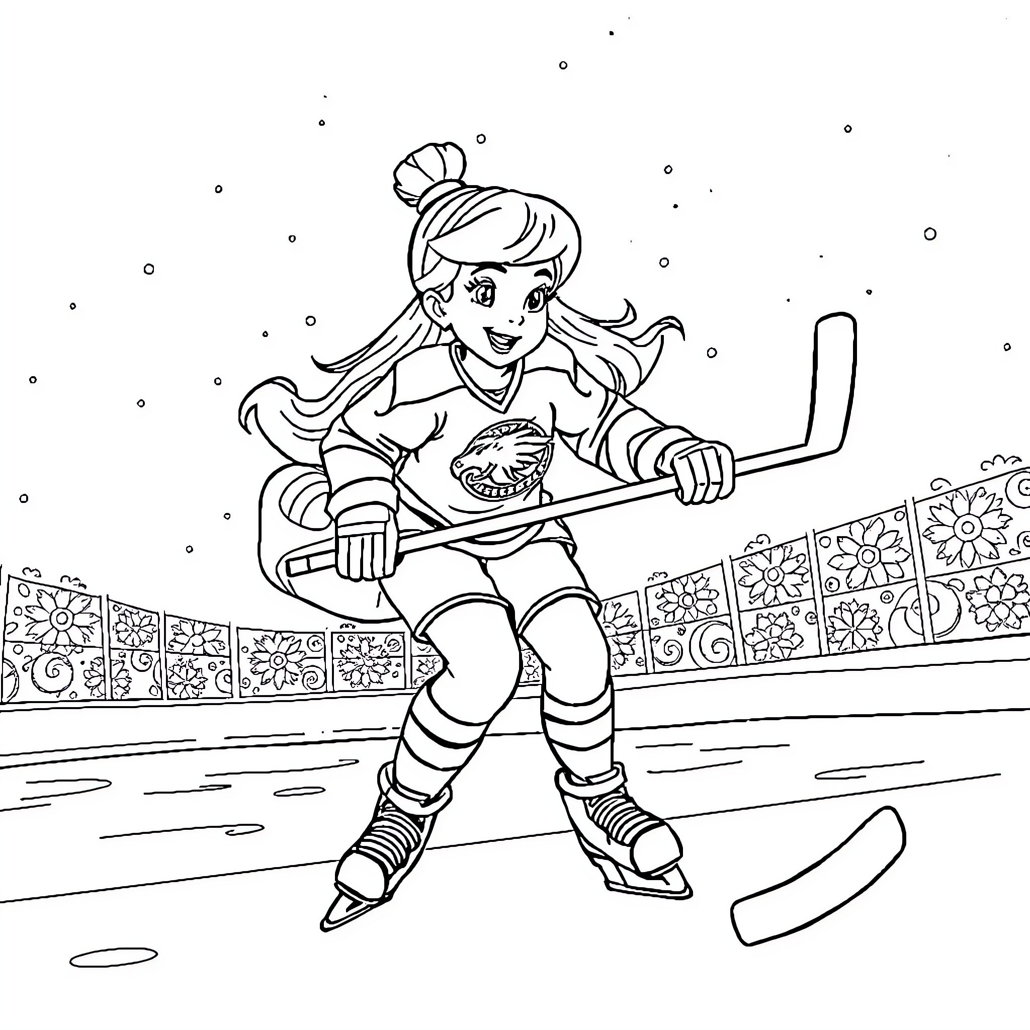 Cinderella playing hockey on the ice rink Coloring Page (free black-and-white line drawing printable PDF for all, from beginners to advanced learners, including children, teens, adults, and seniors)