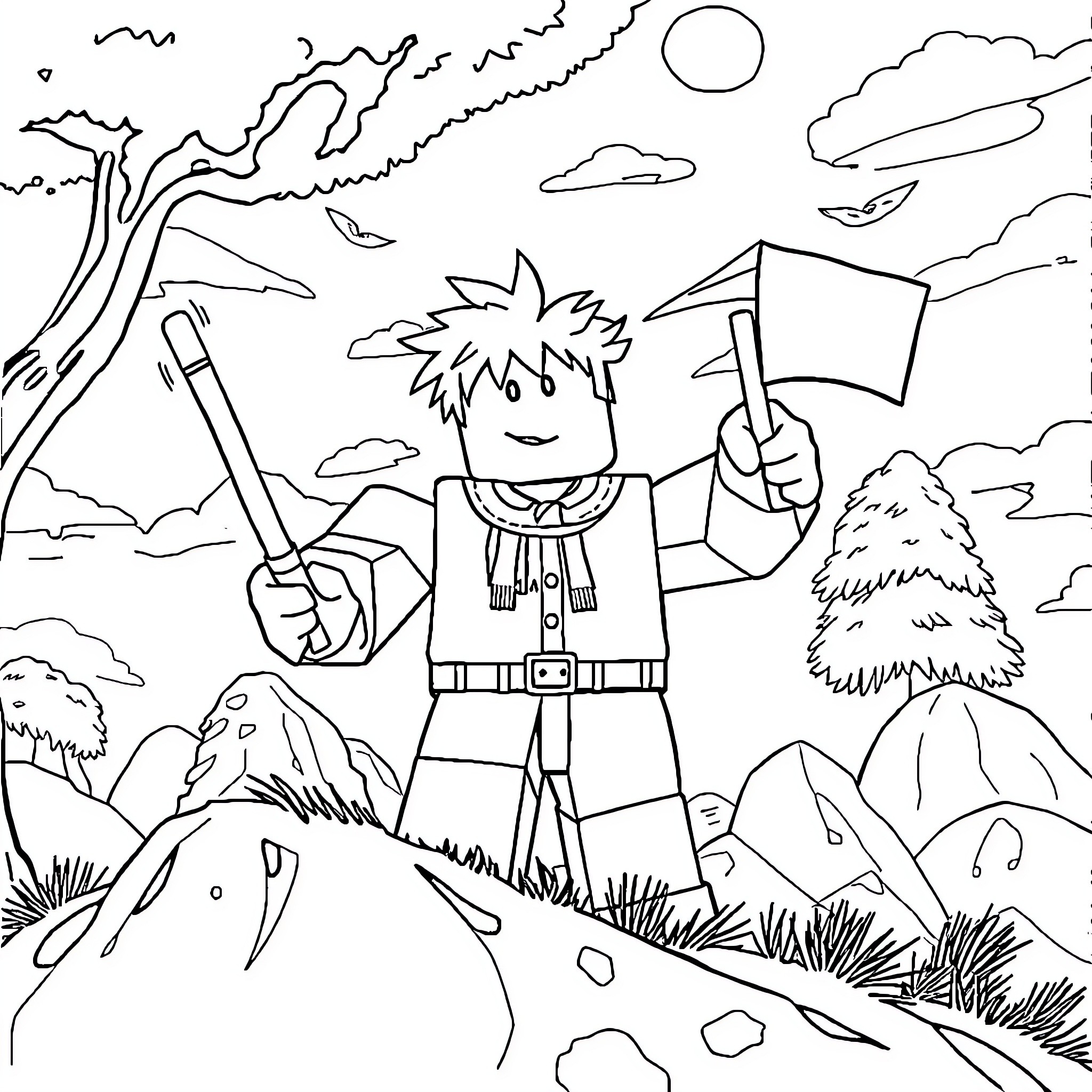 Roblox character exploring adventurous outdoor scene Coloring Page (free black-and-white line drawing printable PDF for all, from beginners to advanced learners, including children, teens, adults, and seniors)
