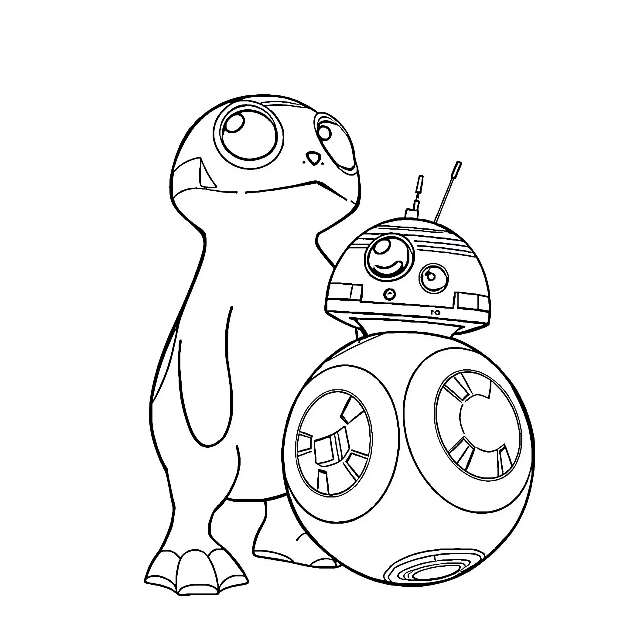 Grogu with Loyal Droid Companions Coloring Page (free black-and-white line drawing printable PDF for all, from beginners to advanced learners, including children, teens, adults, and seniors)