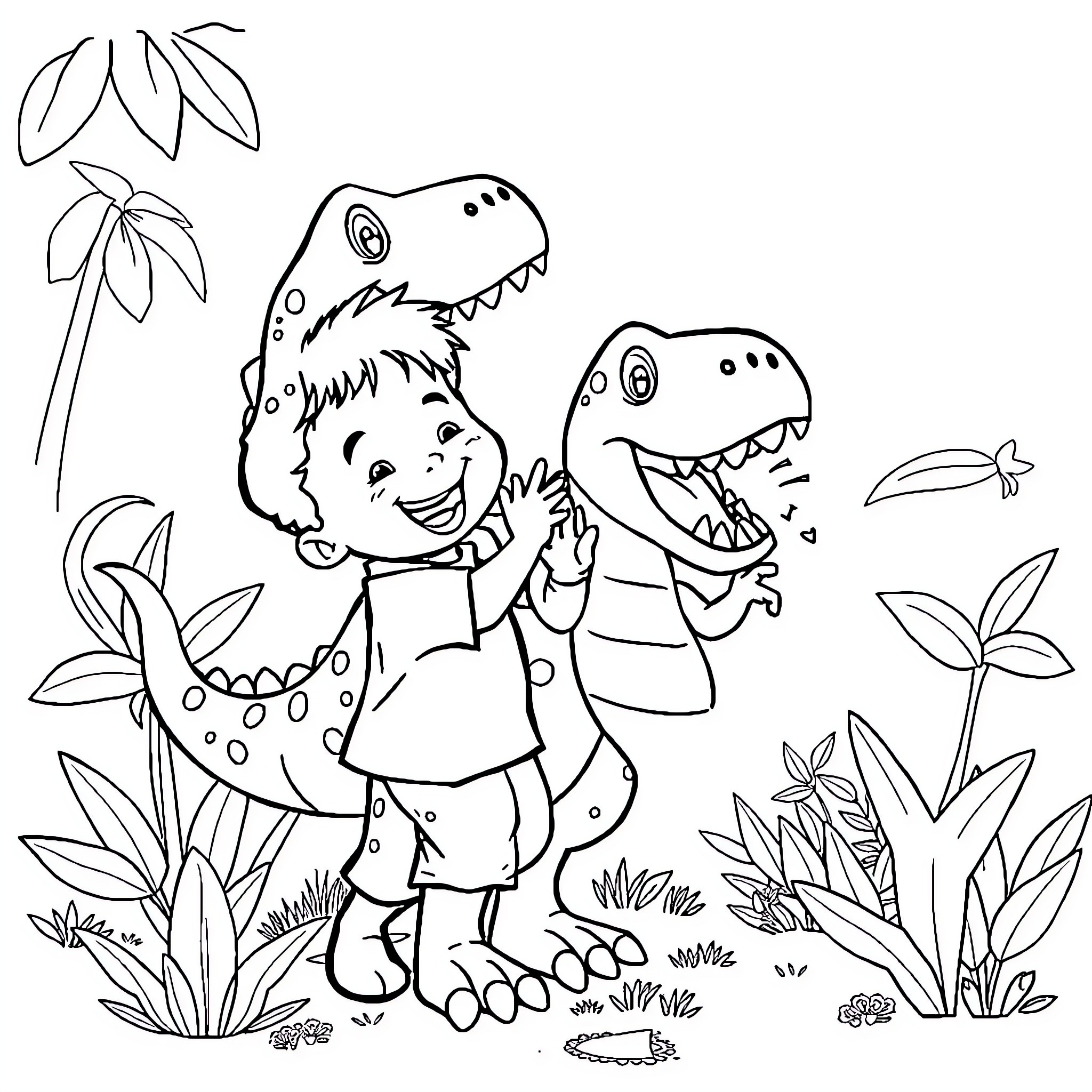 Child playing with friendly dinosaurs in jungle Coloring Page (free black-and-white line drawing printable PDF for all, from beginners to advanced learners, including children, teens, adults, and seniors)