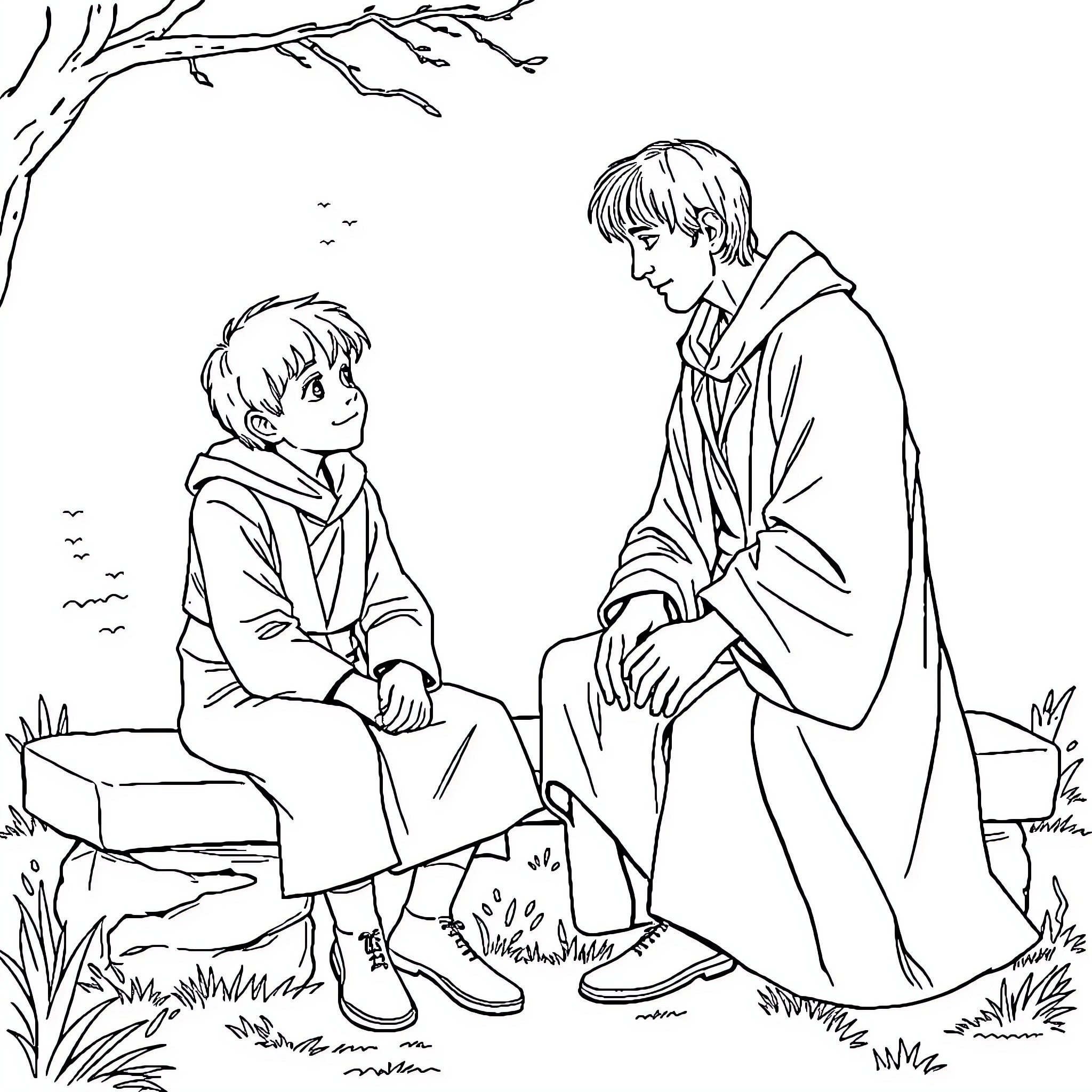 Frodo and friend in contemplation outdoors Coloring Page (free black-and-white line drawing printable PDF for all, from beginners to advanced learners, including children, teens, adults, and seniors)
