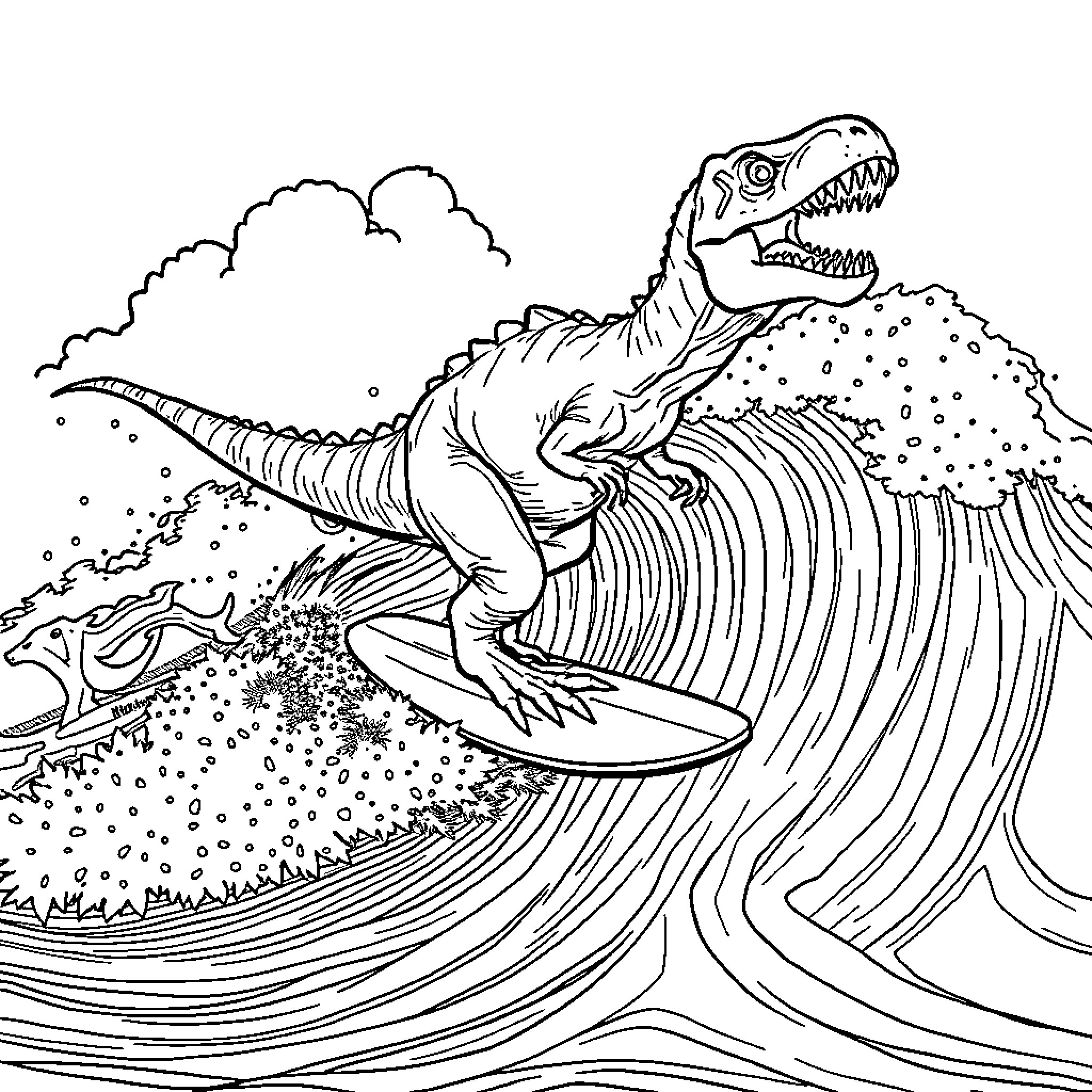 Dinosaur surfing on a large ocean wave Coloring Page (free black-and-white line drawing printable PDF for all, from beginners to advanced learners, including children, teens, adults, and seniors)