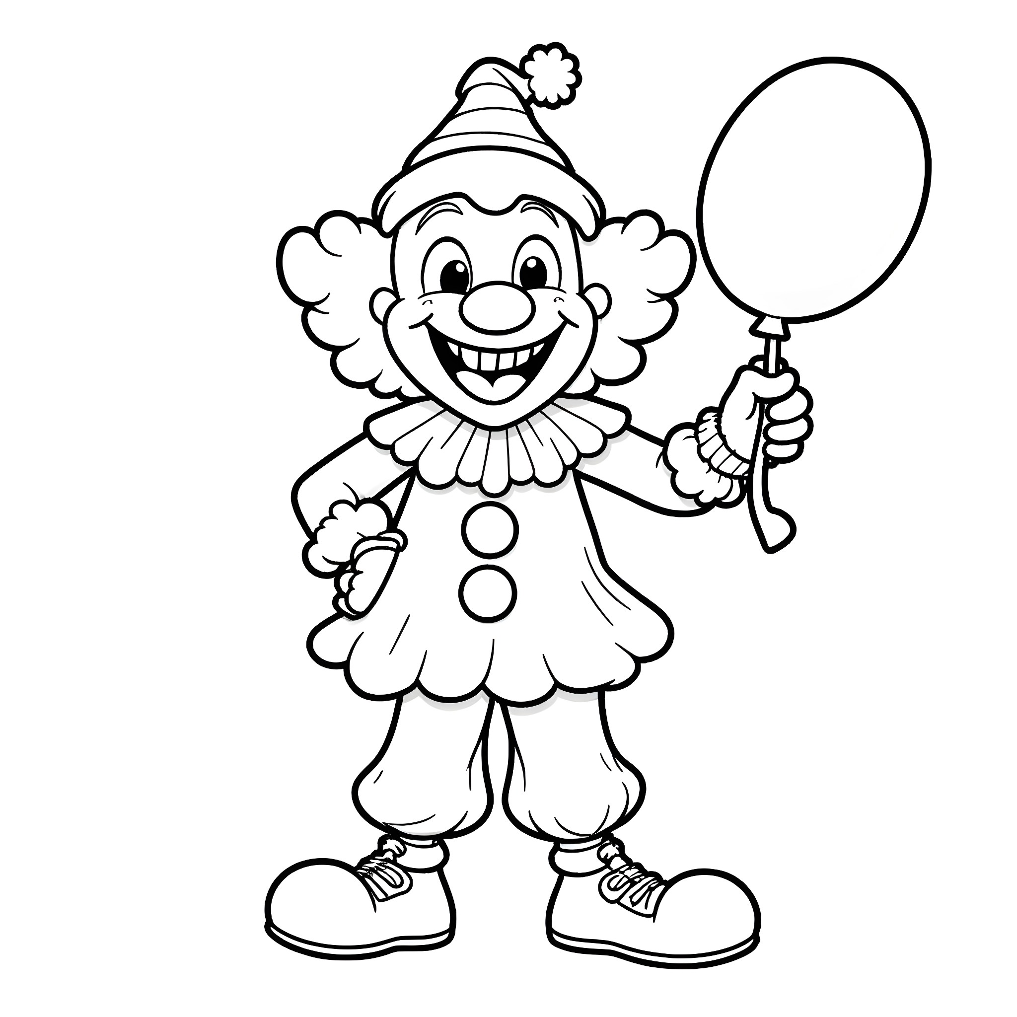Art of a cheerful clown holding a balloon Coloring Page (free black-and-white line drawing printable PDF for all, from beginners to advanced learners, including children, teens, adults, and seniors)