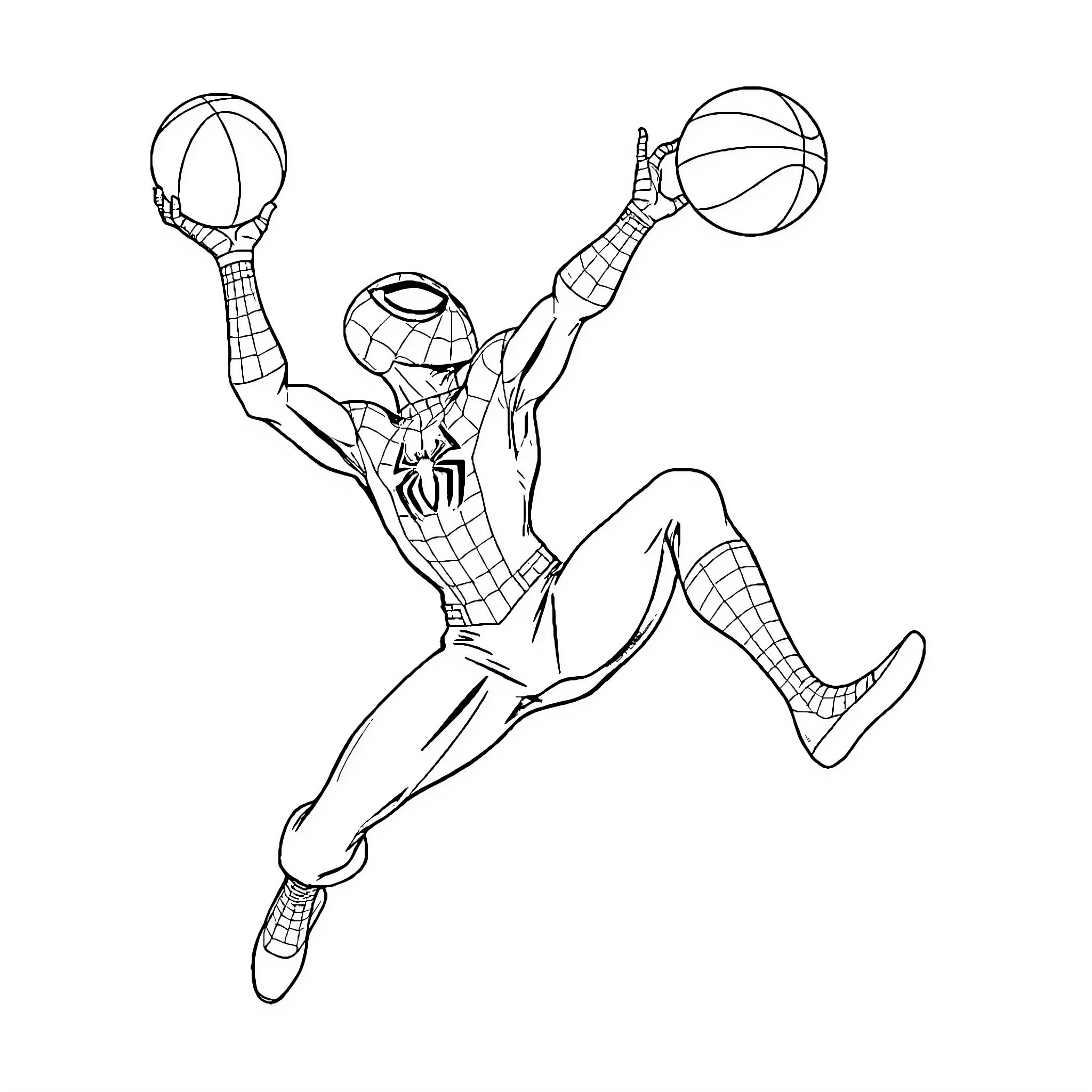 Spider-Man Leaping and Playing Basketball Coloring Page (free black-and-white line drawing printable PDF for all, from beginners to advanced learners, including children, teens, adults, and seniors)