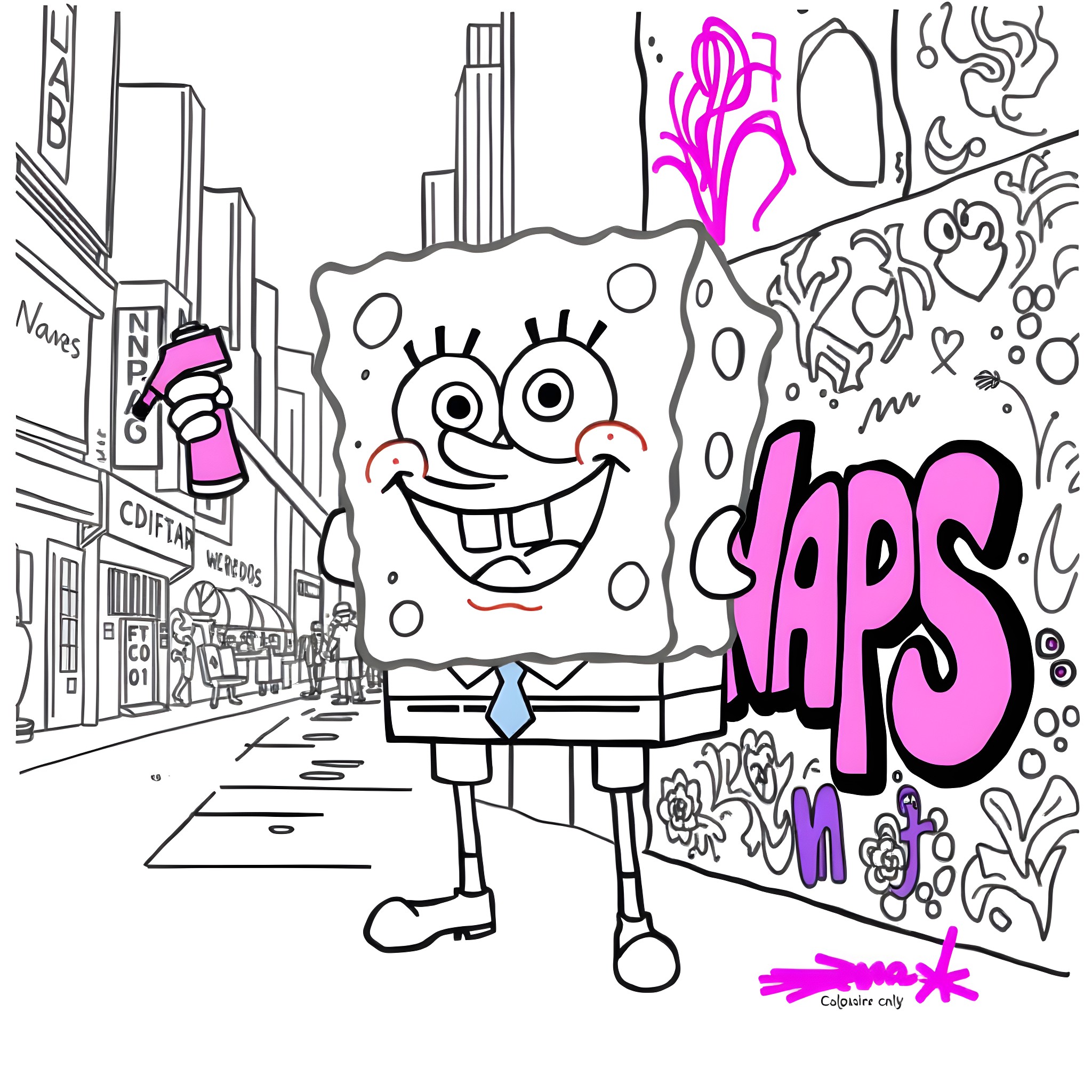 Spongebob in a vibrant city scene Coloring Page (free black-and-white line drawing printable PDF for all, from beginners to advanced learners, including children, teens, adults, and seniors)