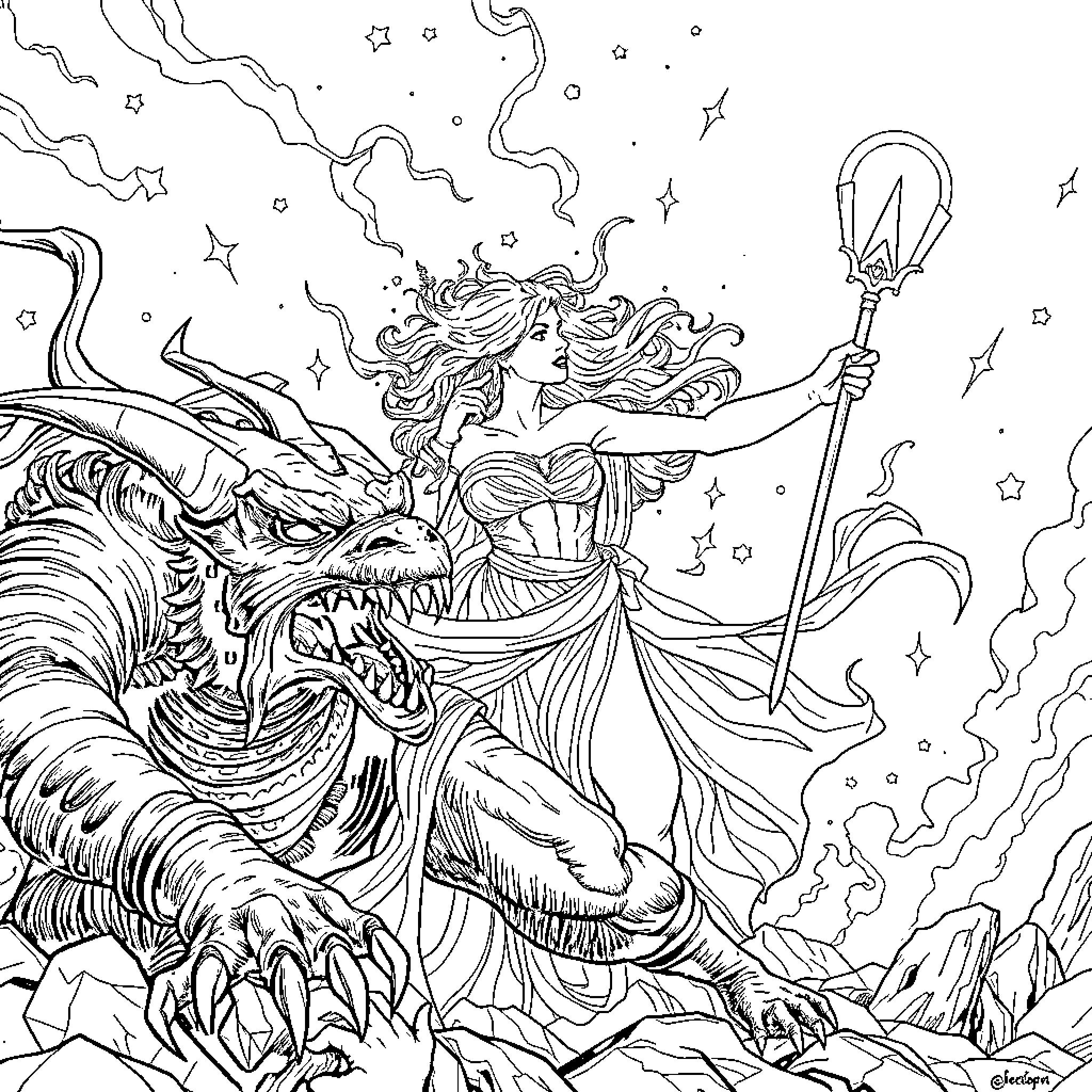 Goddess commanding a powerful dragon in an enchanting realm Coloring Page (free black-and-white line drawing printable PDF for all, from beginners to advanced learners, including children, teens, adults, and seniors)