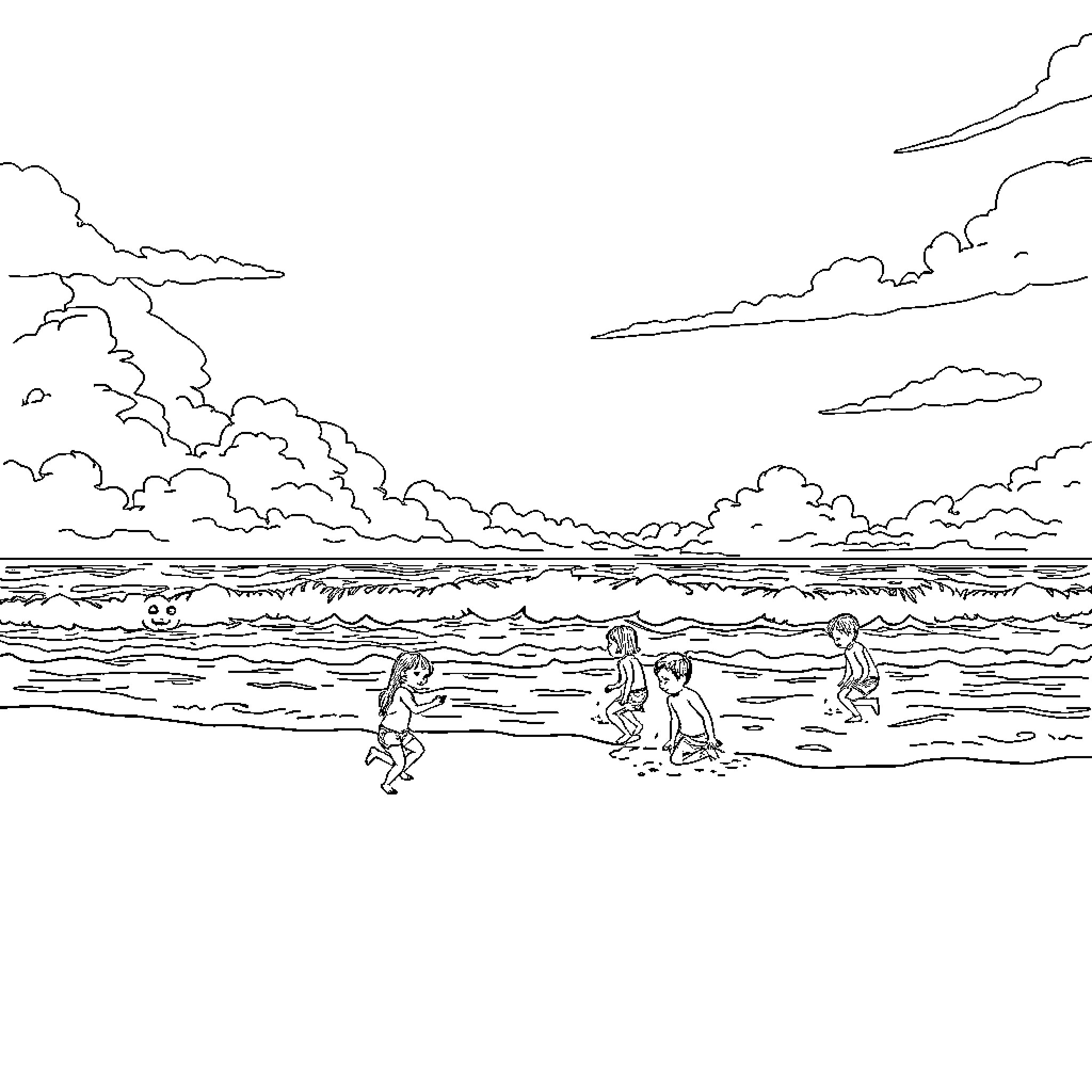 Playa beach scene with people enjoying the waves Coloring Page (free black-and-white line drawing printable PDF for all, from beginners to advanced learners, including children, teens, adults, and seniors)