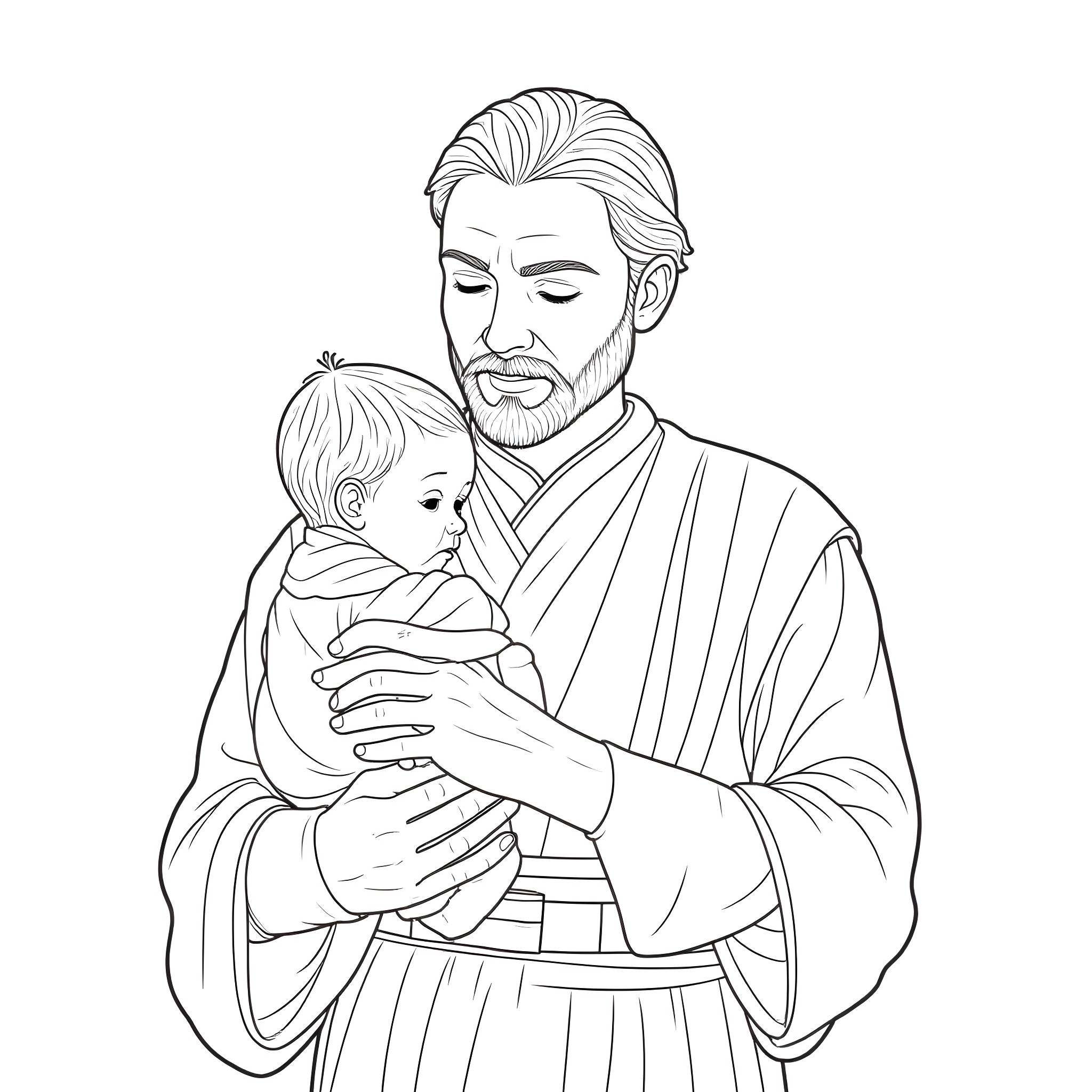 Obi-Wan Kenobi tenderly holds a young child Coloring Page (free black-and-white line drawing printable PDF for all, from beginners to advanced learners, including children, teens, adults, and seniors)