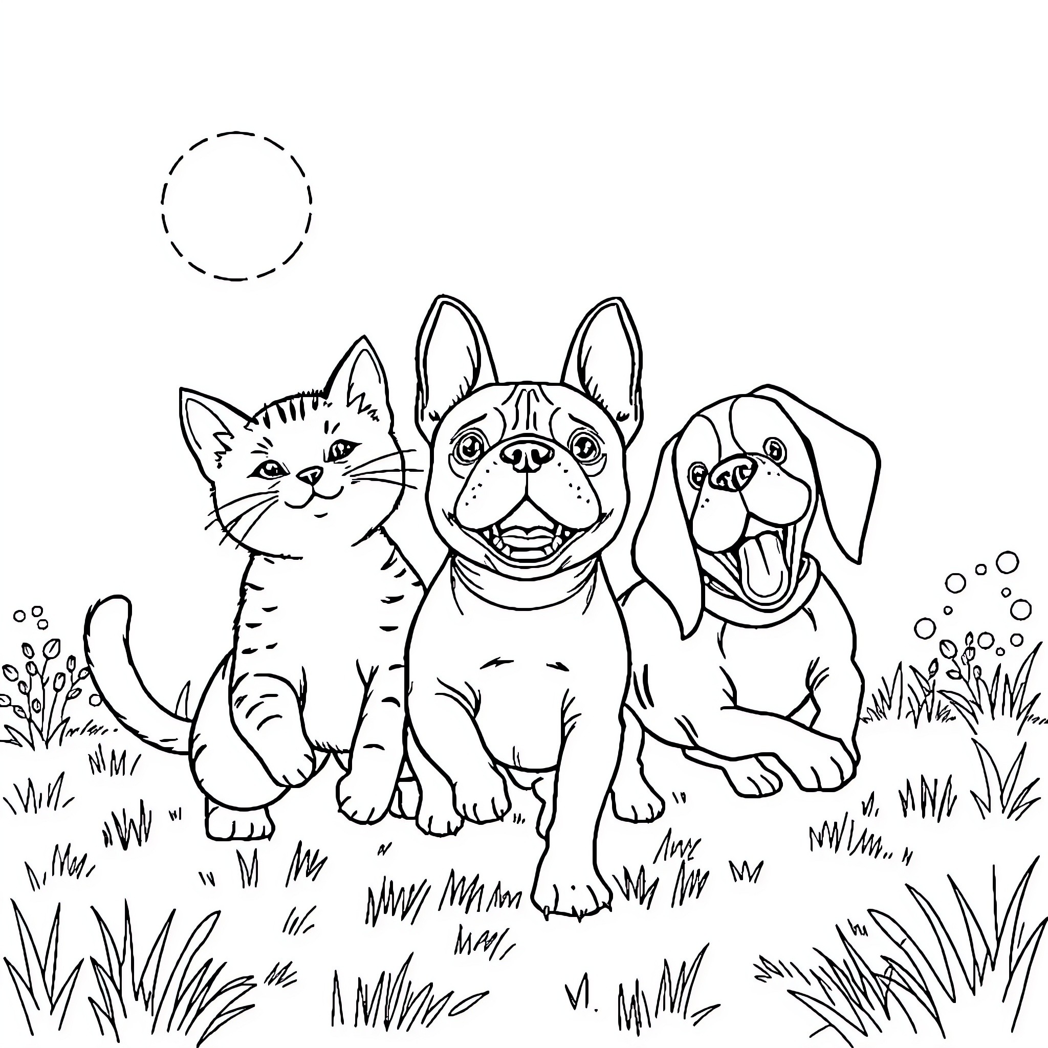Cat and Dog Friends Enjoying the Outdoors Coloring Page (free black-and-white line drawing printable PDF for all, from beginners to advanced learners, including children, teens, adults, and seniors)