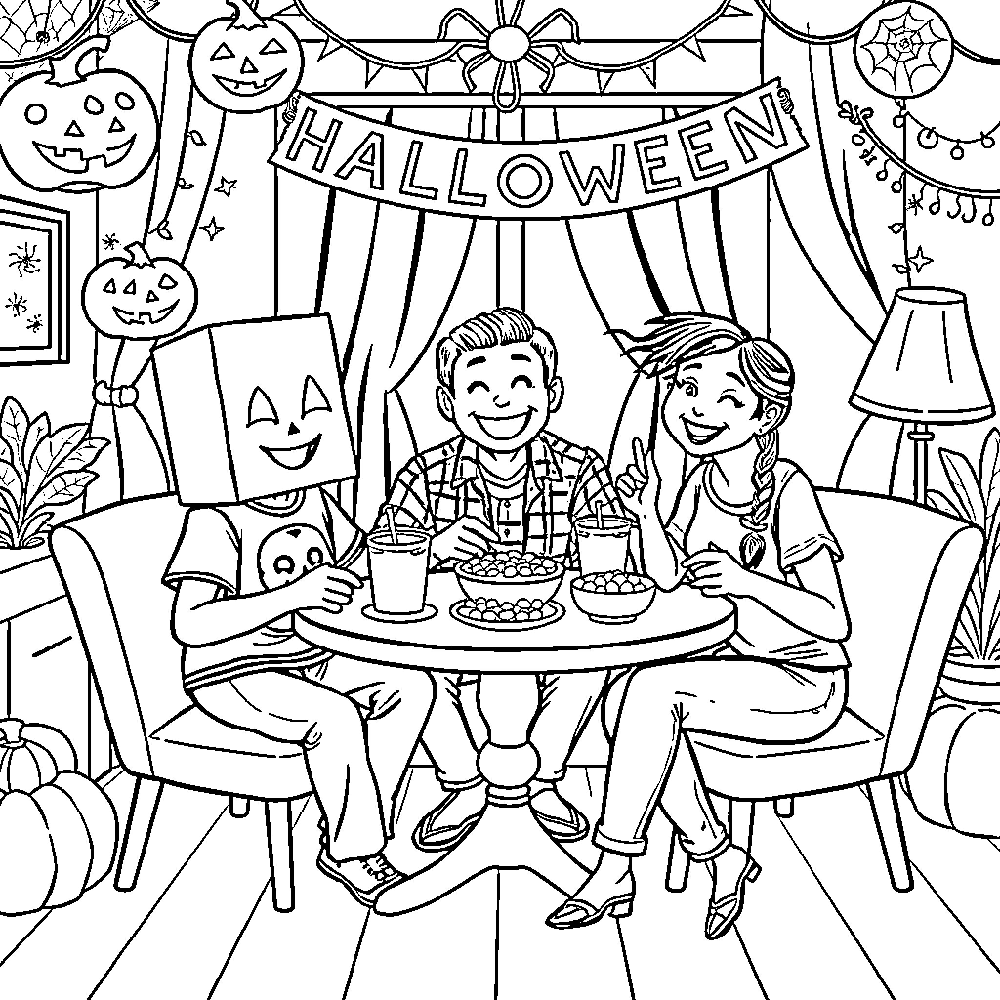 Friends Enjoying Halloween Festivities Together Coloring Page (free black-and-white line drawing printable PDF for all, from beginners to advanced learners, including children, teens, adults, and seniors)