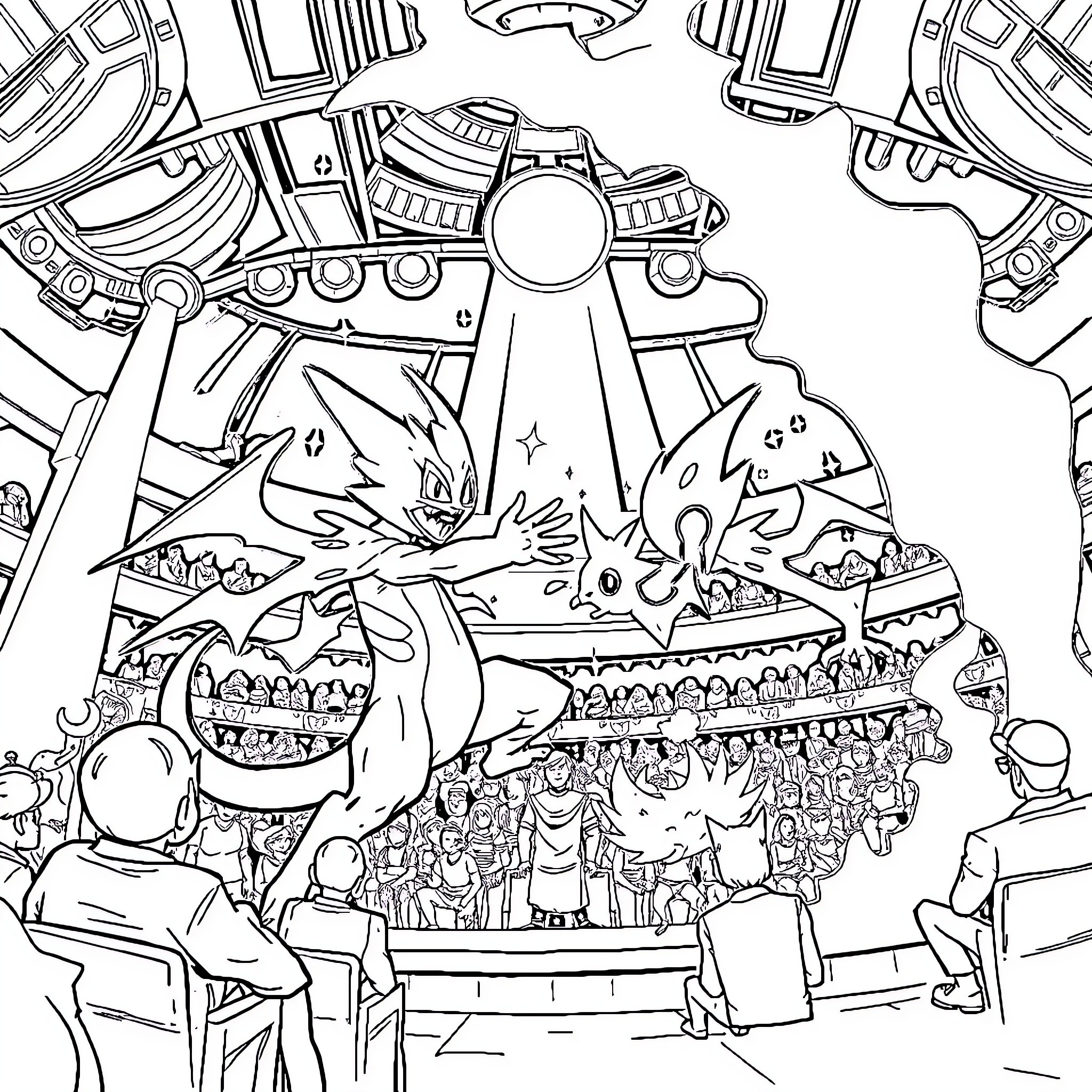 Alakazam's Magical Circus Performance Coloring Page (free black-and-white line drawing printable PDF for all, from beginners to advanced learners, including children, teens, adults, and seniors)