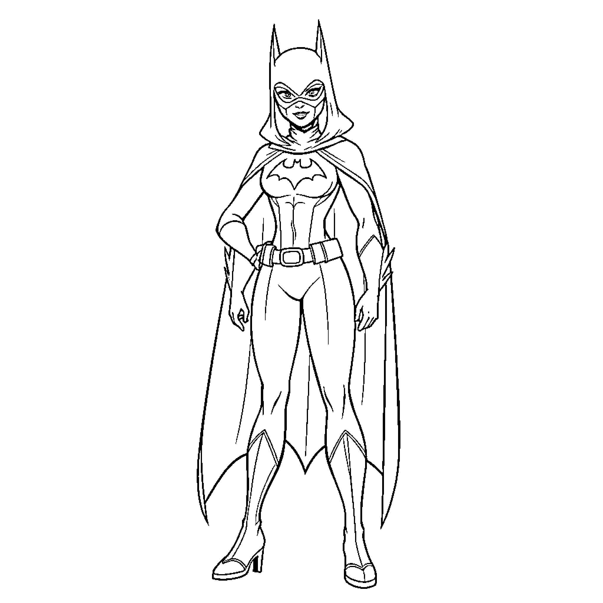 Batgirl in heroic pose with cape and mask Coloring Page (free black-and-white line drawing printable PDF for all, from beginners to advanced learners, including children, teens, adults, and seniors)