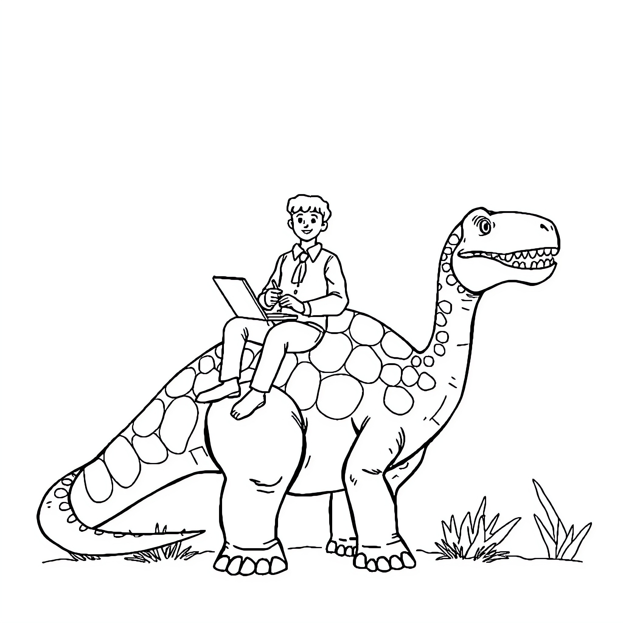 Teacher riding friendly dinosaur in outdoor setting Coloring Page (free black-and-white line drawing printable PDF for all, from beginners to advanced learners, including children, teens, adults, and seniors)