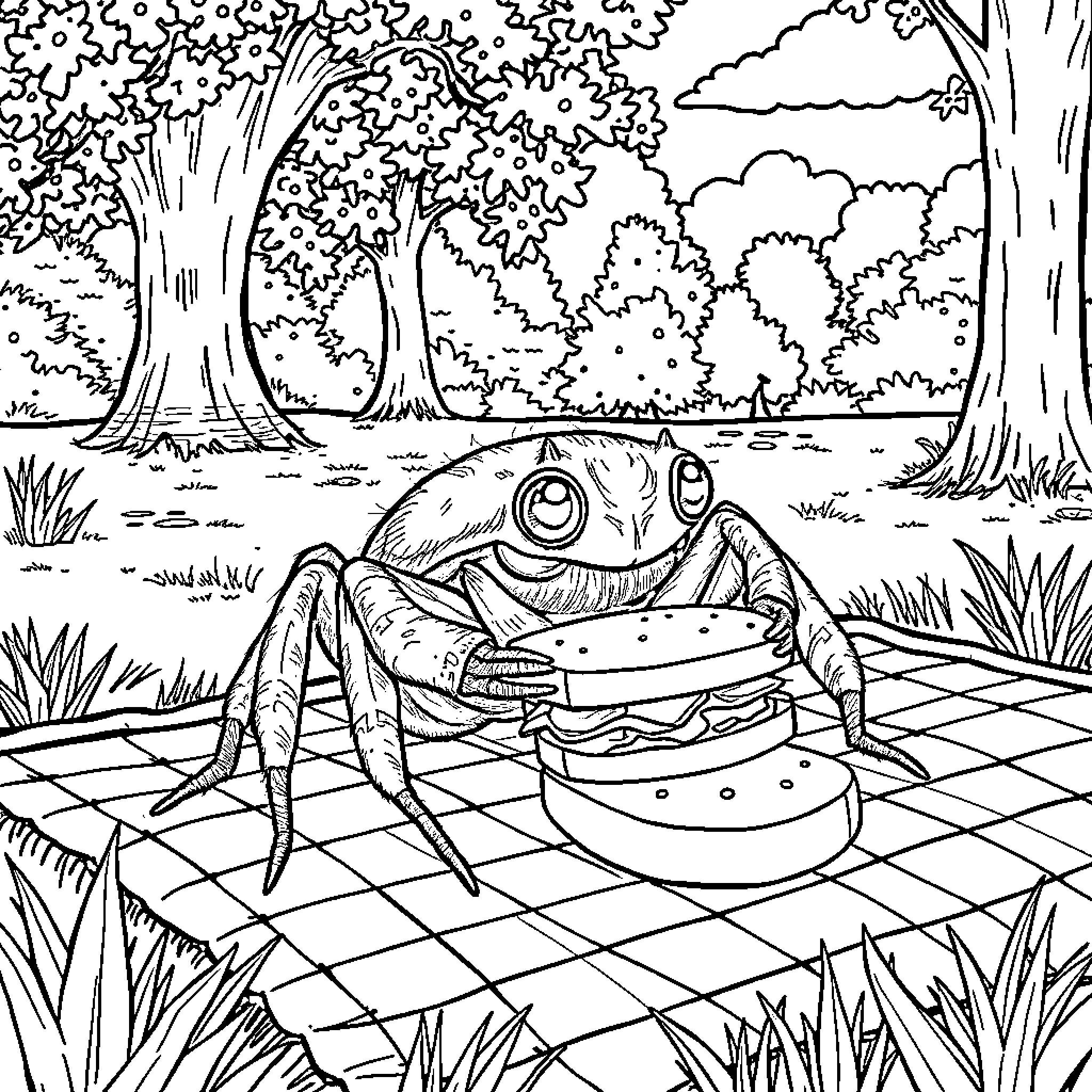 Spider relaxing on a picnic blanket in the forest Coloring Page (free black-and-white line drawing printable PDF for all, from beginners to advanced learners, including children, teens, adults, and seniors)