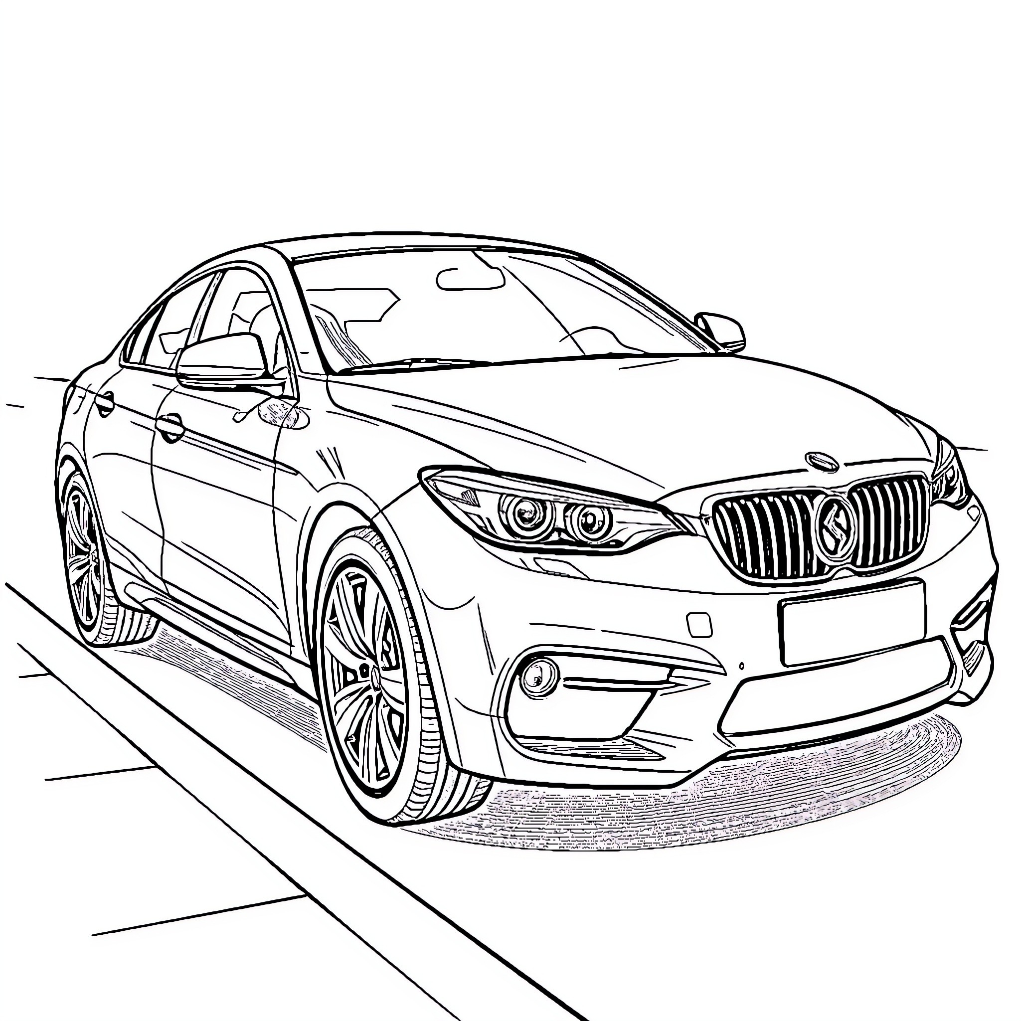 Car parked on the street with sleek design Coloring Page (free black-and-white line drawing printable PDF for all, from beginners to advanced learners, including children, teens, adults, and seniors)