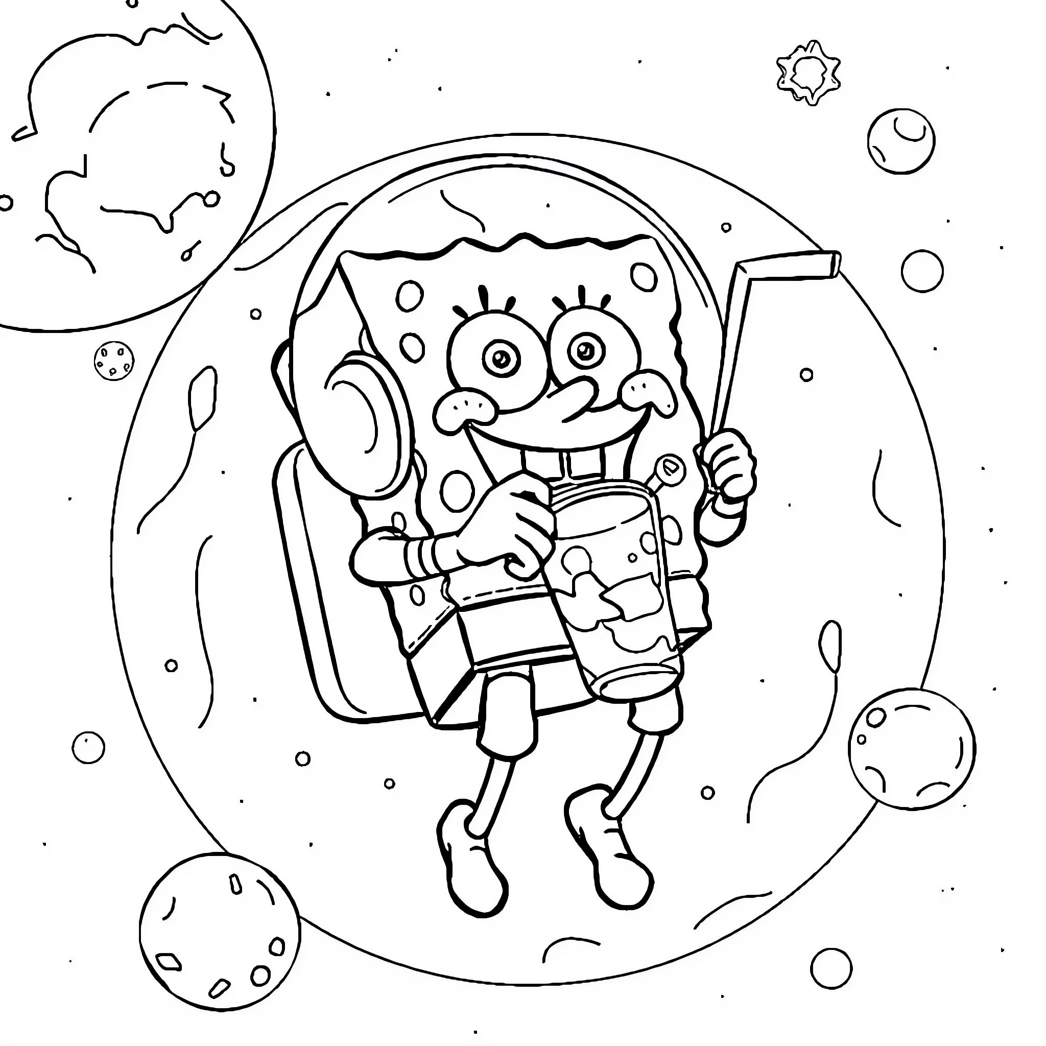Bob Squarepants exploring the galaxy with his pet Coloring Page (free black-and-white line drawing printable PDF for all, from beginners to advanced learners, including children, teens, adults, and seniors)