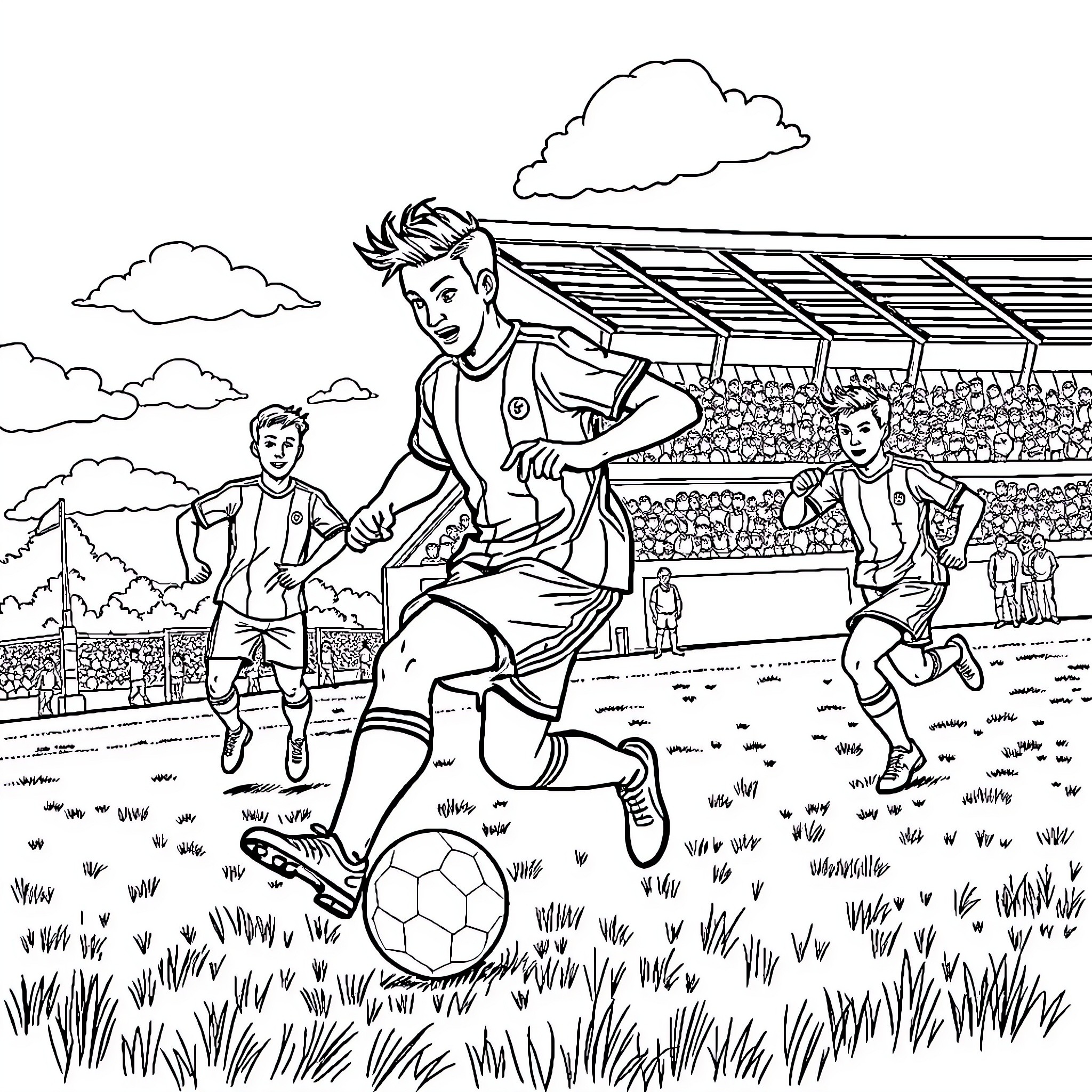 Wout van Aert playing football in the stadium Coloring Page (free black-and-white line drawing printable PDF for all, from beginners to advanced learners, including children, teens, adults, and seniors)