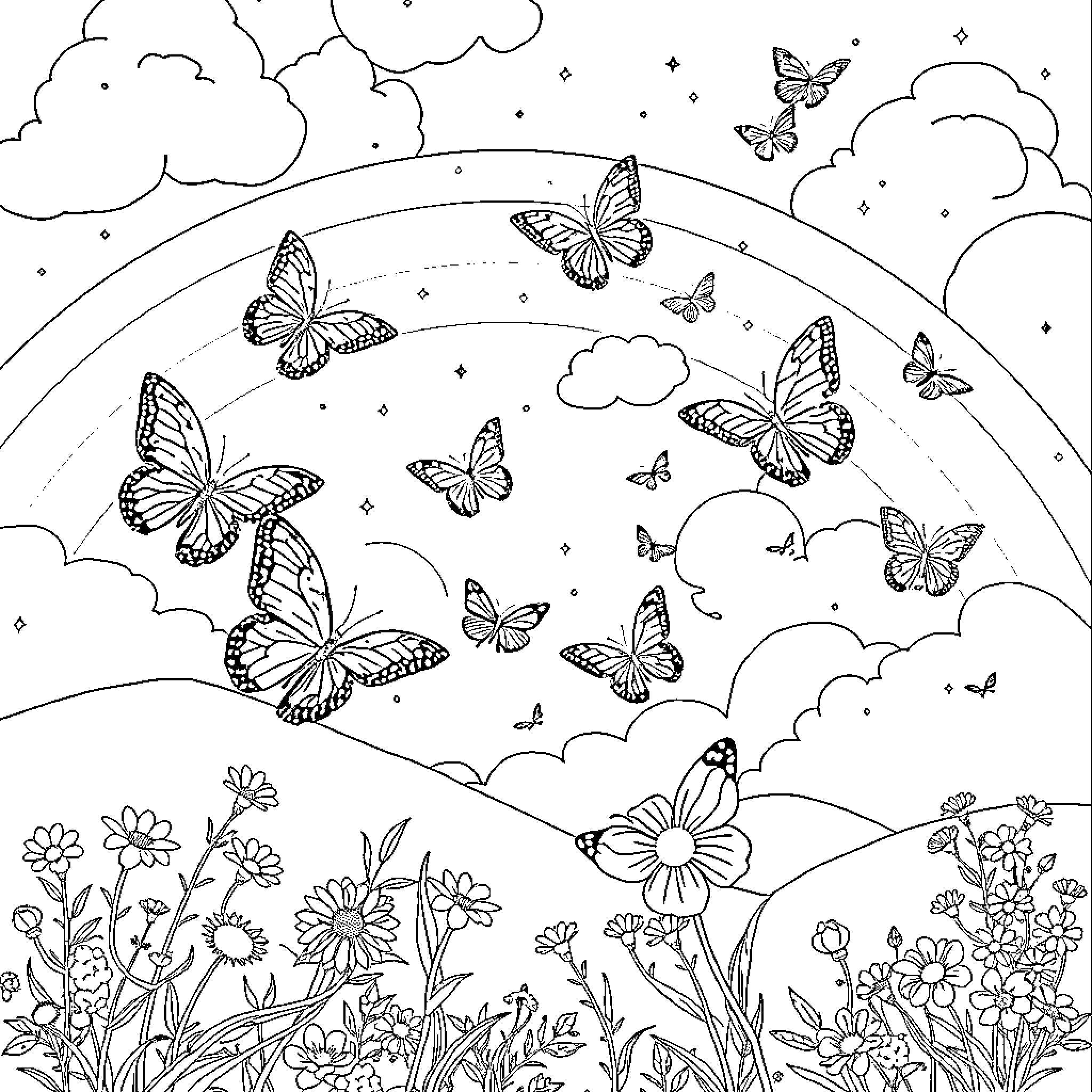 Butterfly wonder in the sky Coloring Page (free black-and-white line drawing printable PDF for all, from beginners to advanced learners, including children, teens, adults, and seniors)