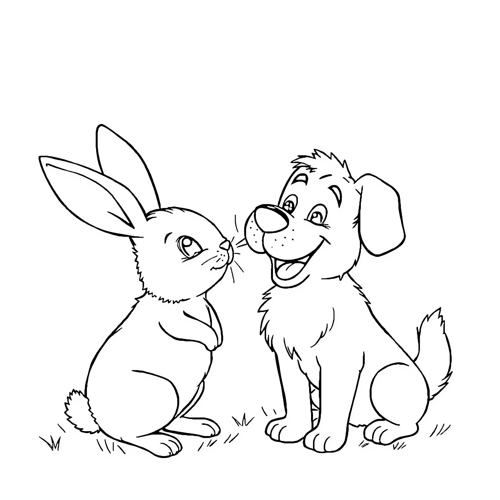 Rabbit and puppy playing together Coloring Page (free black-and-white line drawing printable PDF for all, from beginners to advanced learners, including children, teens, adults, and seniors)