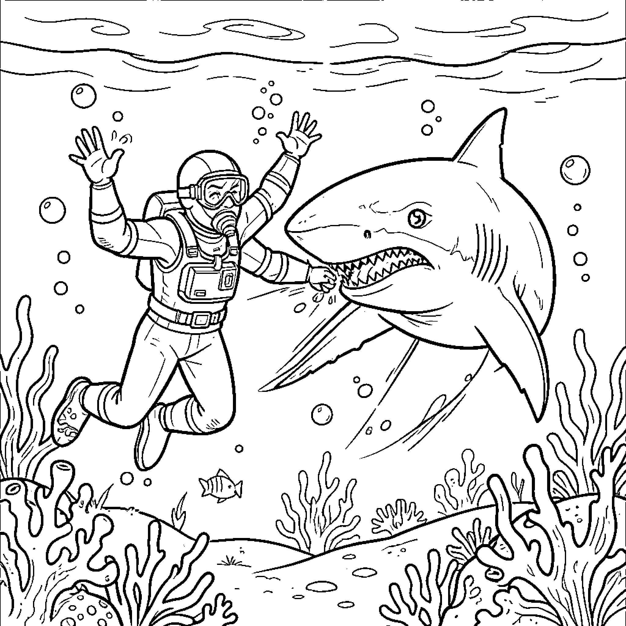 Diver encountering a fearsome shark underwater Coloring Page (free black-and-white line drawing printable PDF for all, from beginners to advanced learners, including children, teens, adults, and seniors)