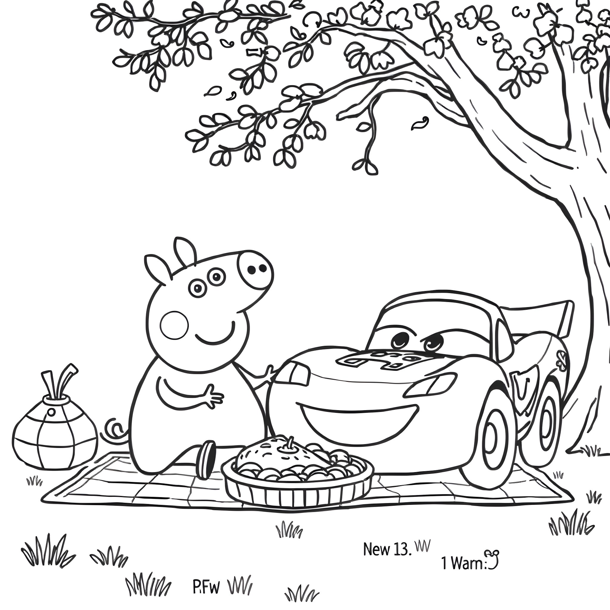 Peppa Pig and Lightning McQueen sharing a meal in the park Coloring Page (free black-and-white line drawing printable PDF for all, from beginners to advanced learners, including children, teens, adults, and seniors)
