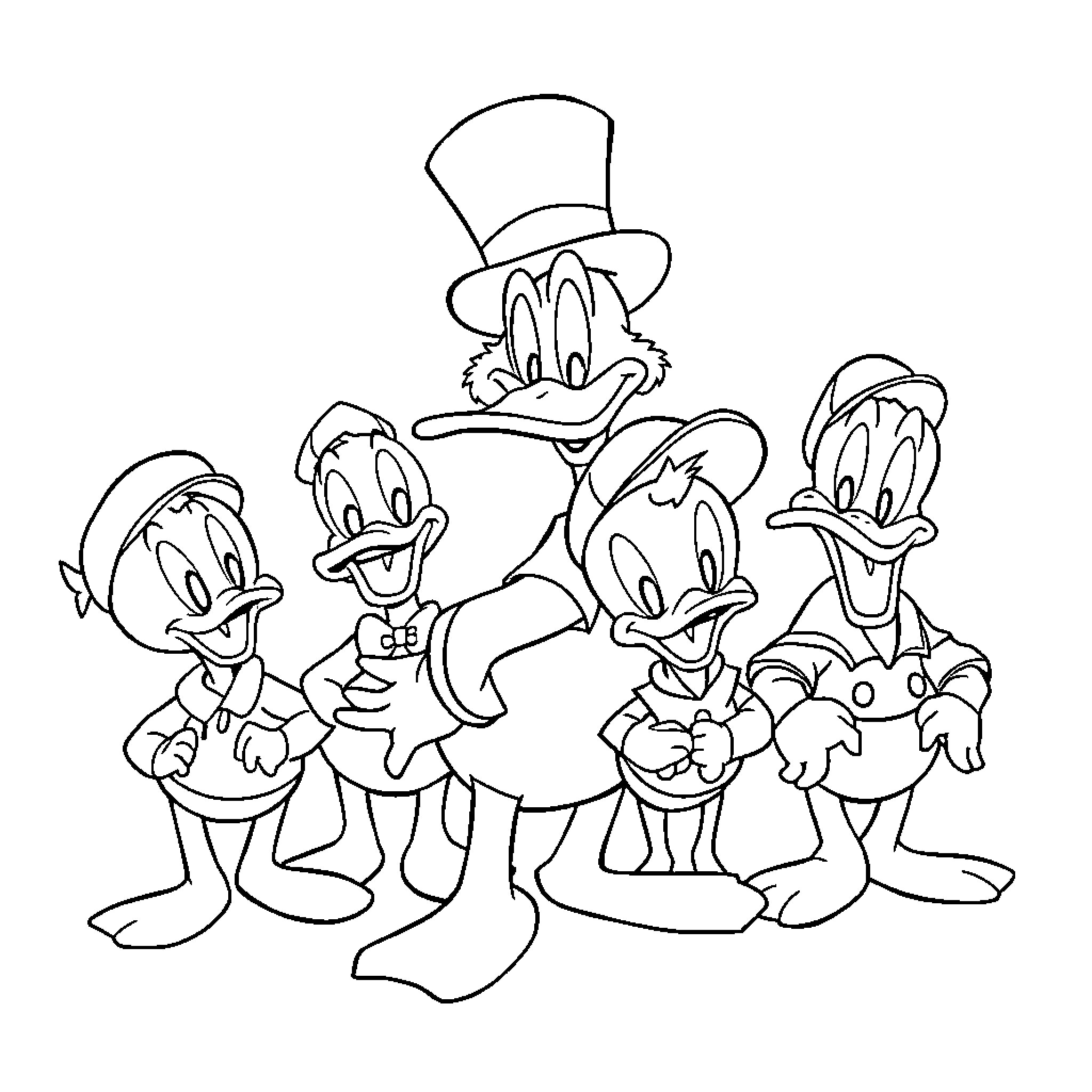 Ducks dressed in formal attire and accessories Coloring Page (free black-and-white line drawing printable PDF for all, from beginners to advanced learners, including children, teens, adults, and seniors)