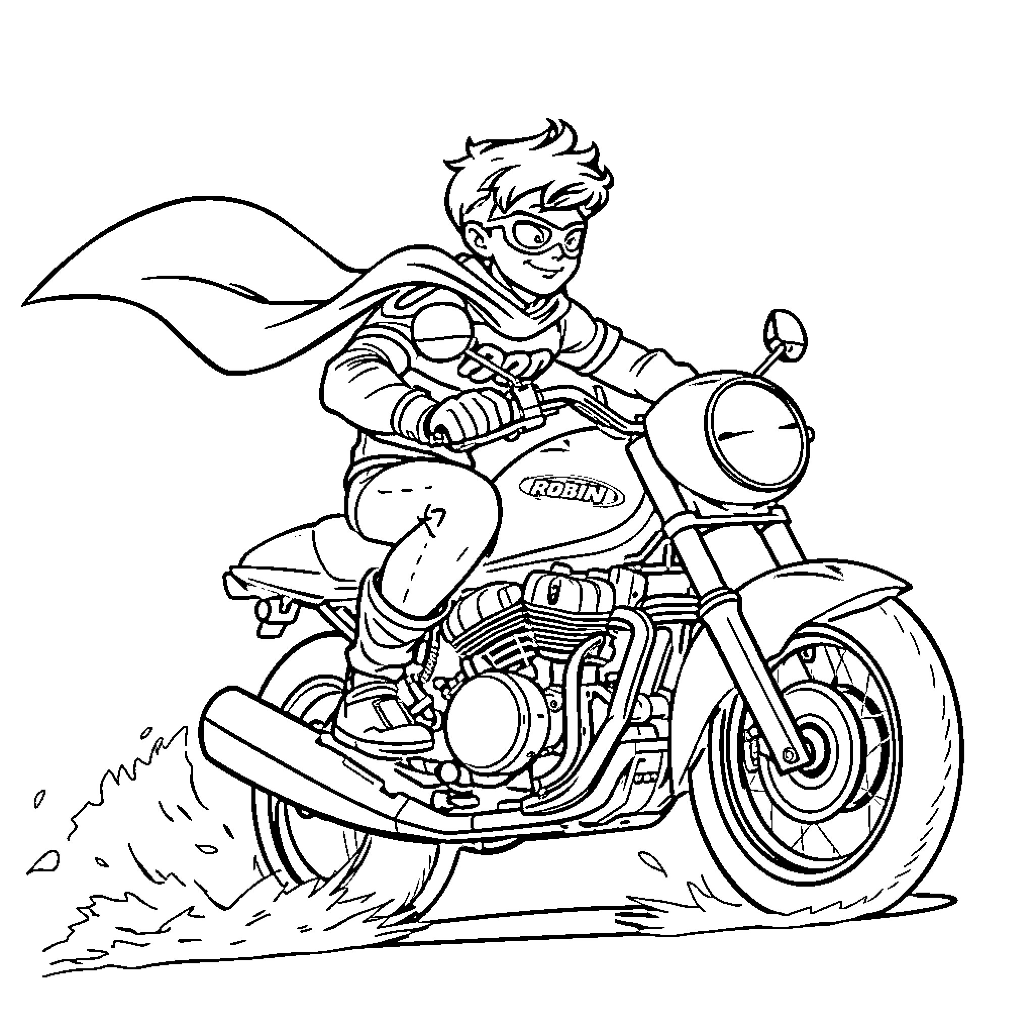 Robin riding a powerful motorcycle with passion Coloring Page (free black-and-white line drawing printable PDF for all, from beginners to advanced learners, including children, teens, adults, and seniors)