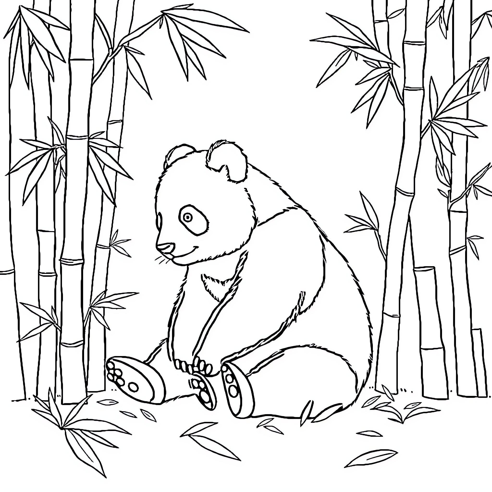 Panda resting peacefully in bamboo forest Coloring Page (free black-and-white line drawing printable PDF for all, from beginners to advanced learners, including children, teens, adults, and seniors)