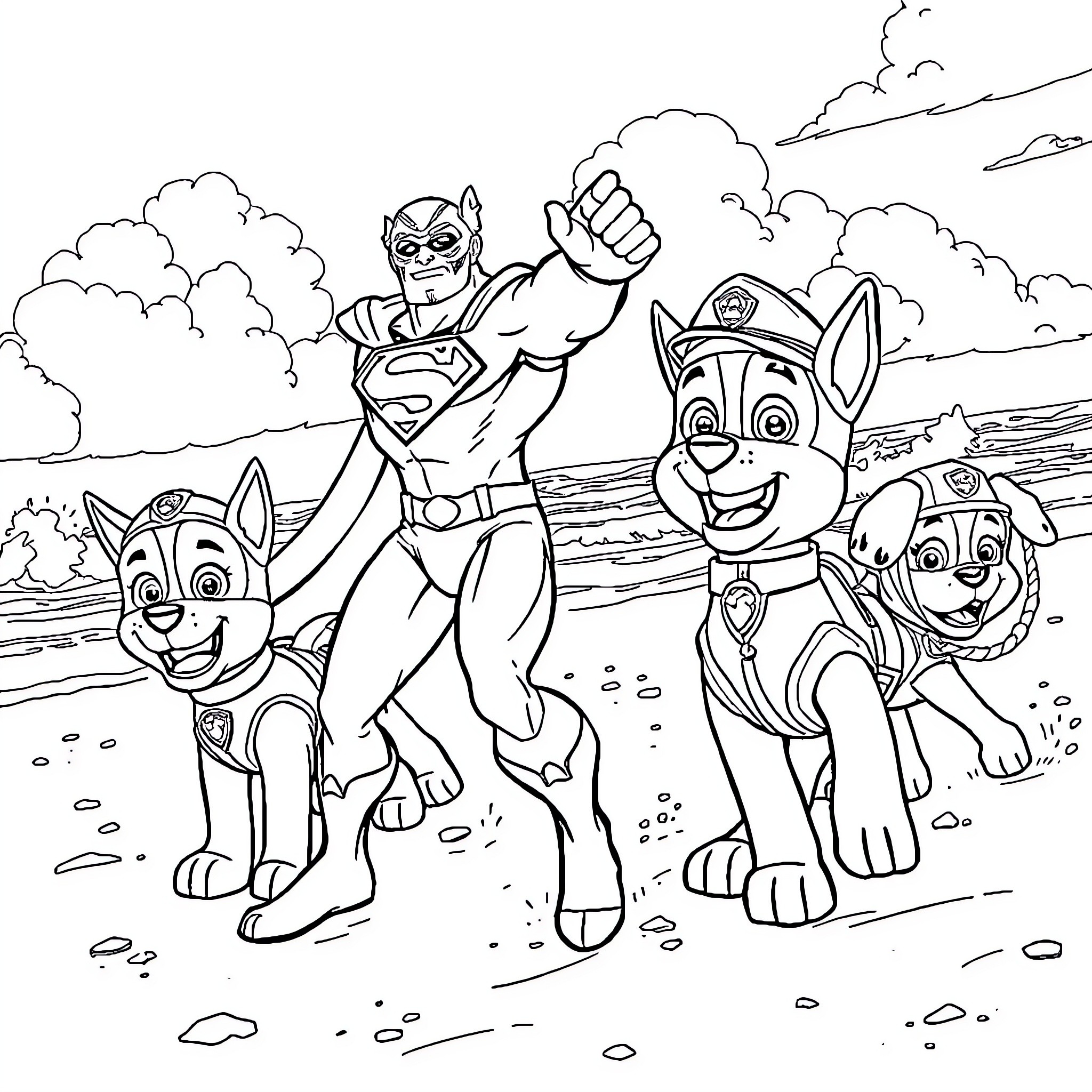 Superman Helping Paw Patrol Dogs on Adventure Coloring Page (free black-and-white line drawing printable PDF for all, from beginners to advanced learners, including children, teens, adults, and seniors)