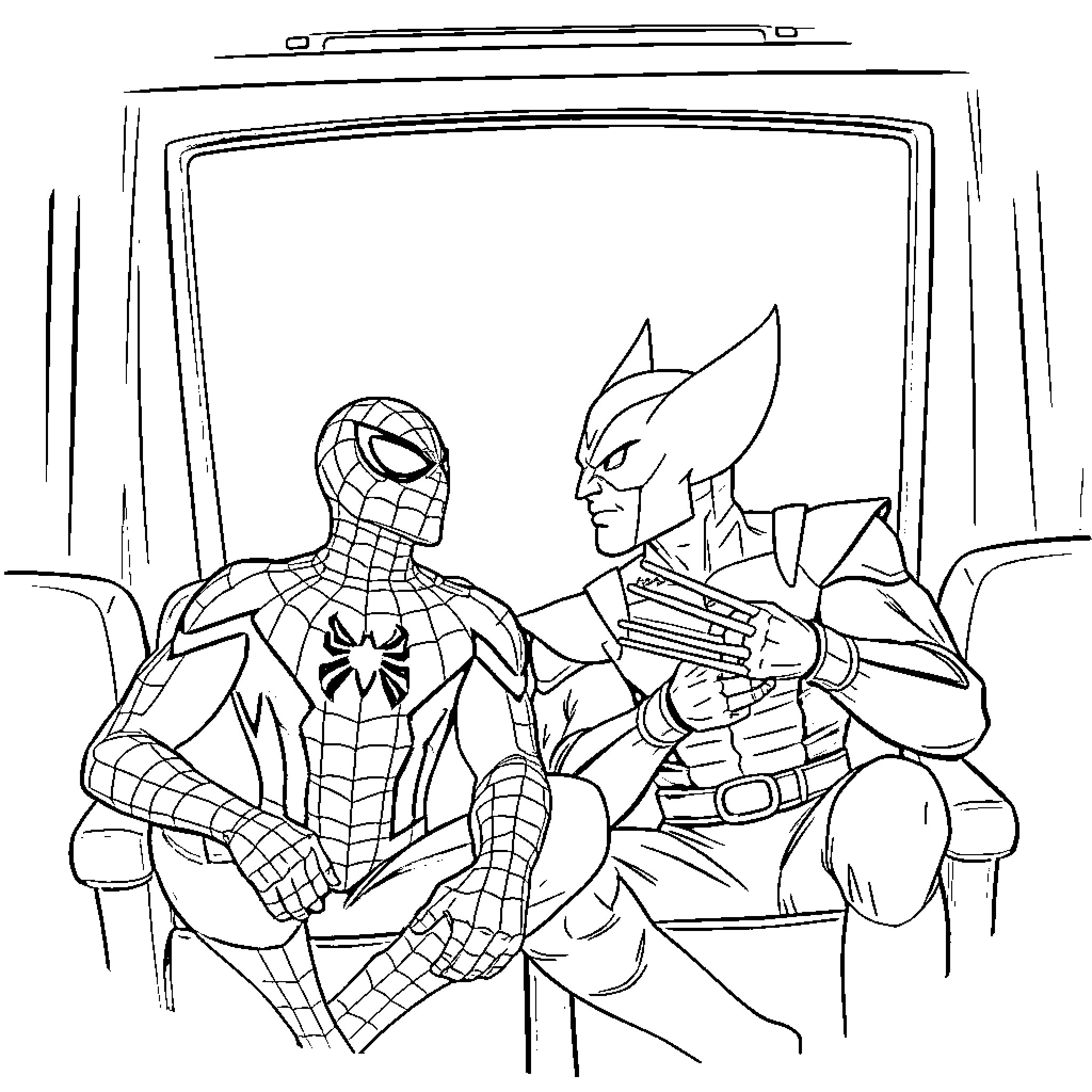 Spiderman and Wolverine in action pose Coloring Page (free black-and-white line drawing printable PDF for all, from beginners to advanced learners, including children, teens, adults, and seniors)