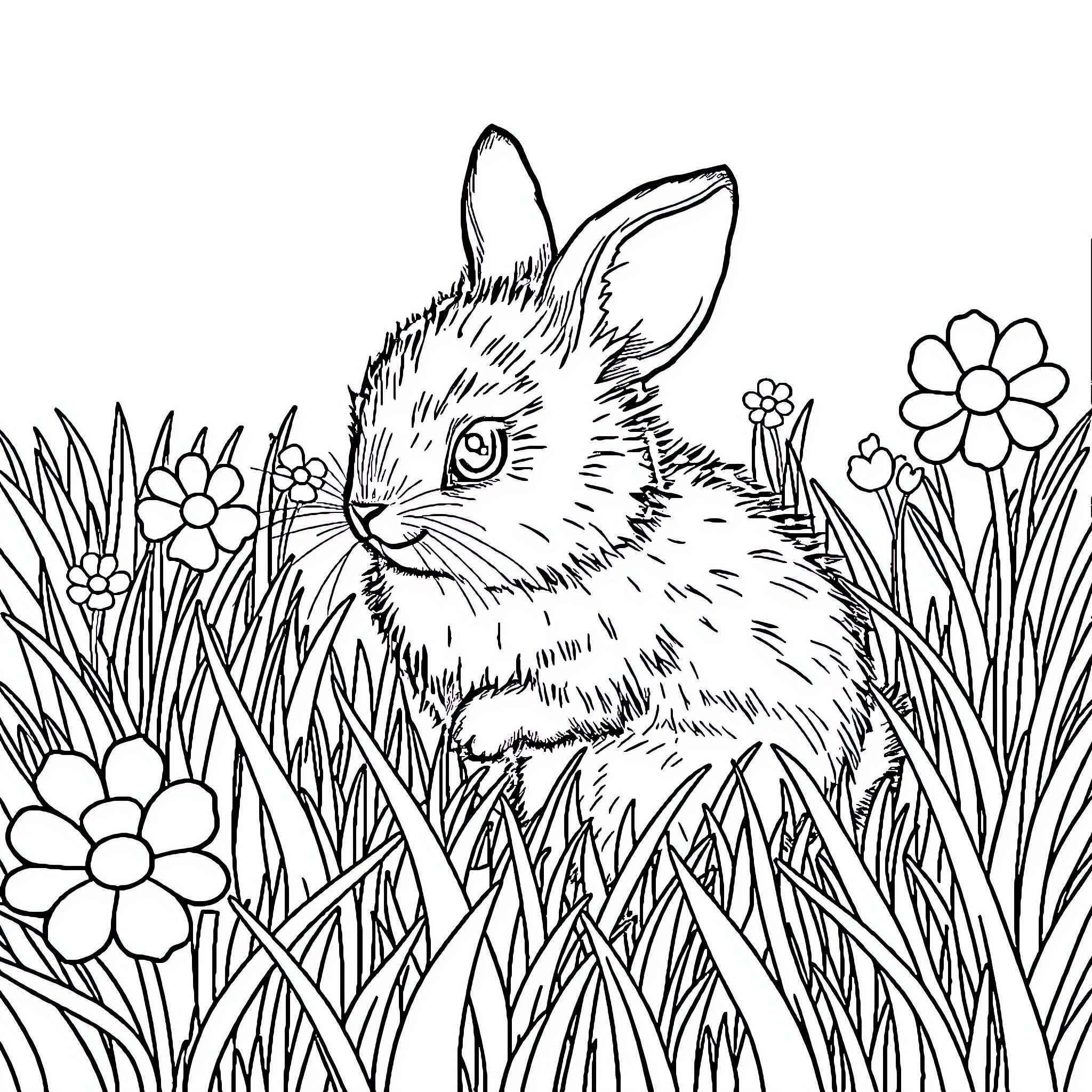 Rabbit hiding in the flower garden Coloring Page (free black-and-white line drawing printable PDF for all, from beginners to advanced learners, including children, teens, adults, and seniors)
