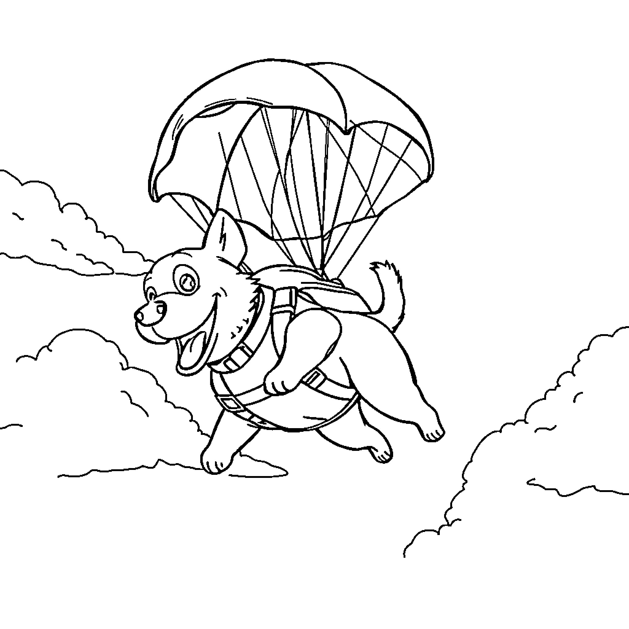 Dog skydiving with parachute in the clouds Coloring Page (free black-and-white line drawing printable PDF for all, from beginners to advanced learners, including children, teens, adults, and seniors)