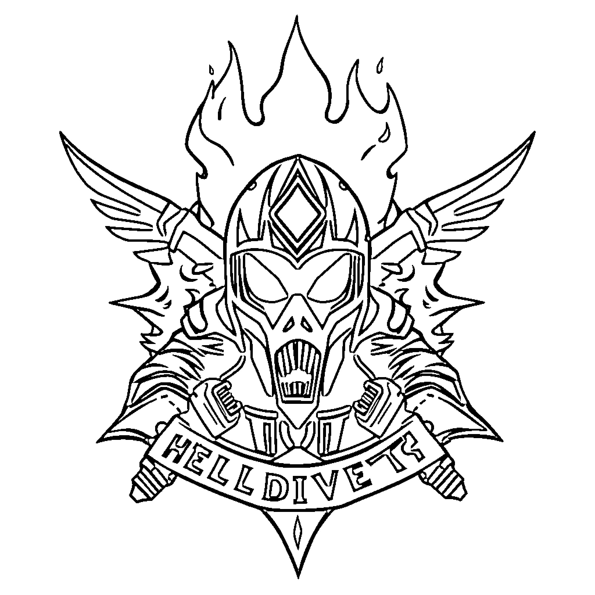 Emblem of a Fierce Skull Warrior with Fiery Wings Coloring Page (free black-and-white line drawing printable PDF for all, from beginners to advanced learners, including children, teens, adults, and seniors)