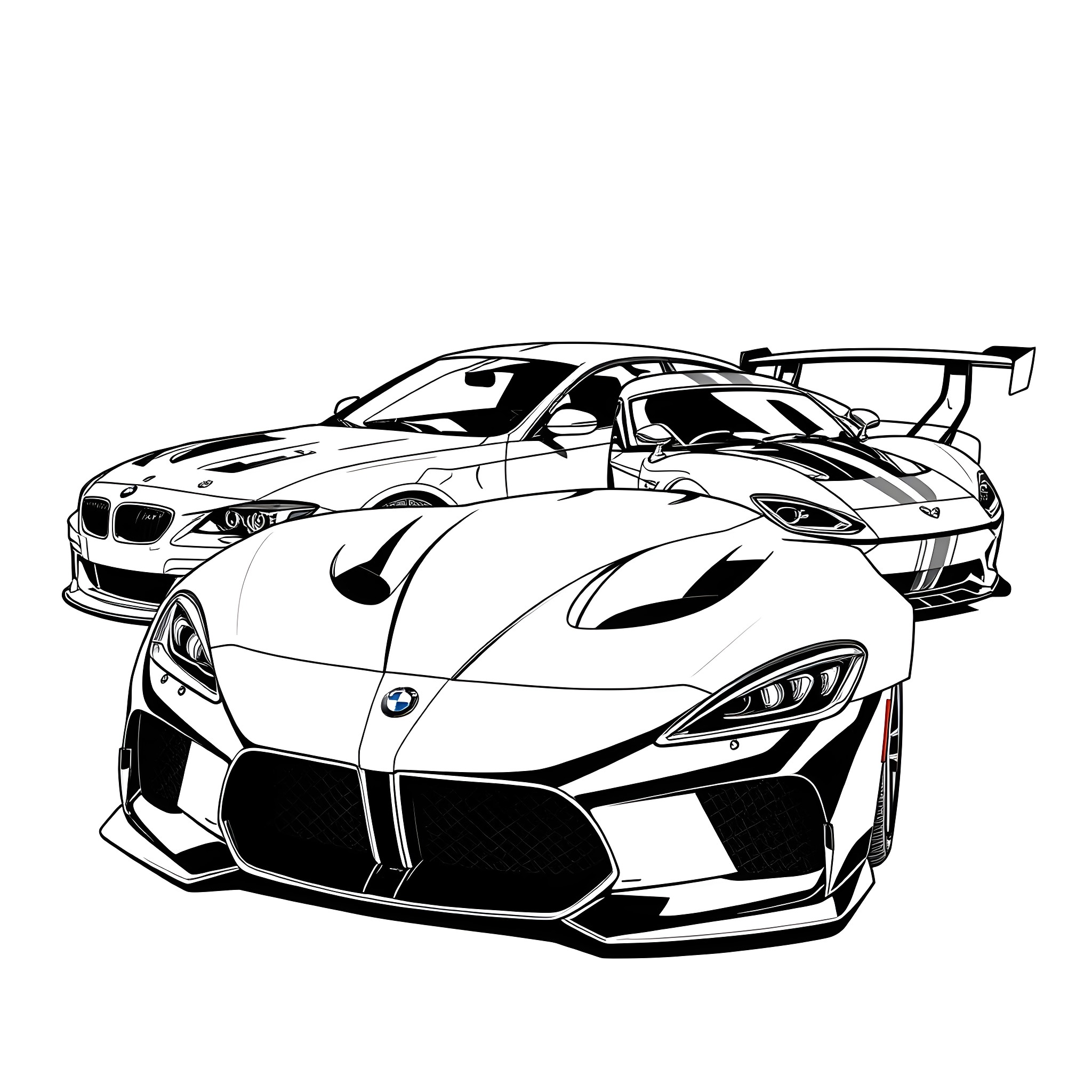 Car with Dramatic Styling and Racing Modifications Coloring Page (free black-and-white line drawing printable PDF for all, from beginners to advanced learners, including children, teens, adults, and seniors)
