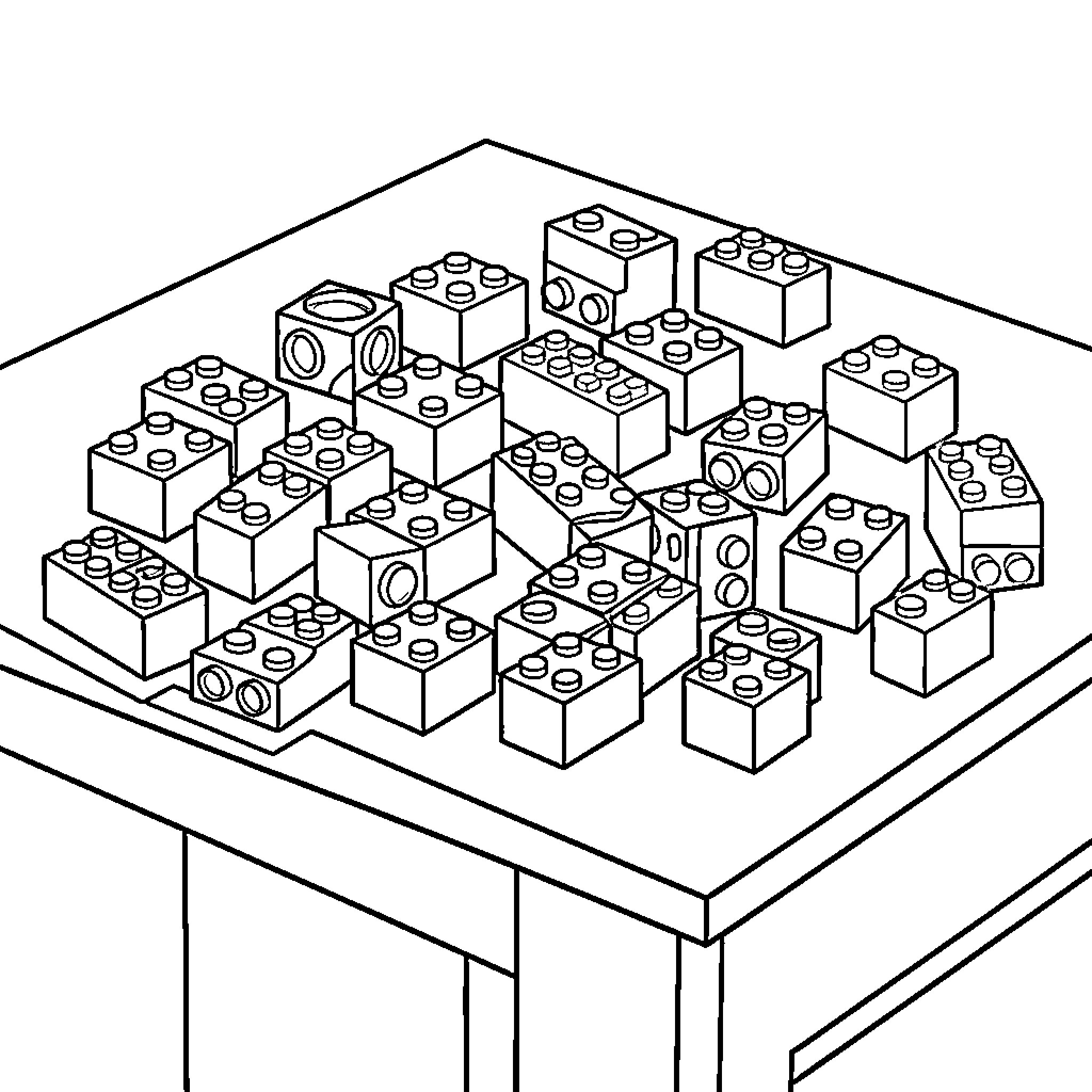 Lego bricks arranged on a table Coloring Page (free black-and-white line drawing printable PDF for all, from beginners to advanced learners, including children, teens, adults, and seniors)