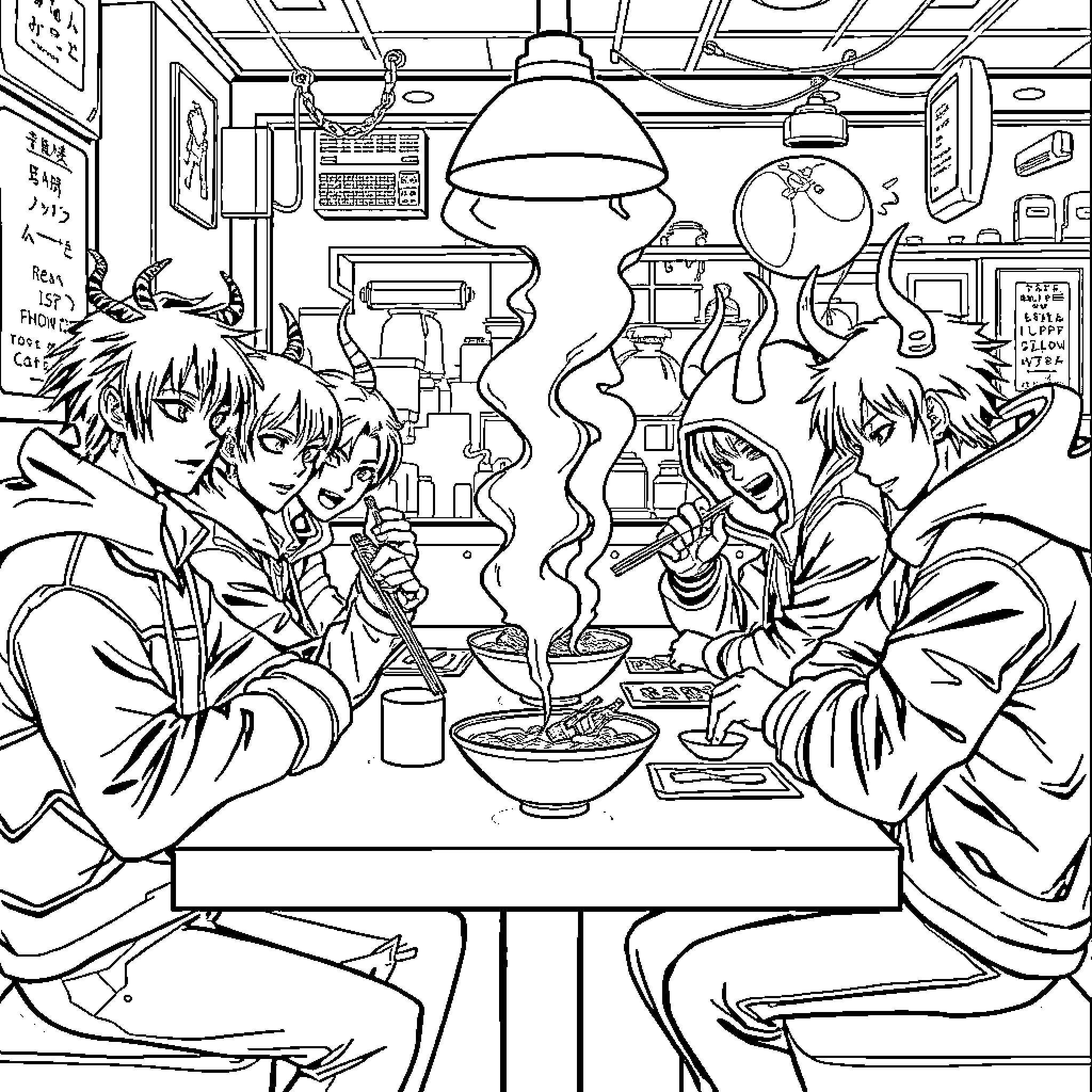 Kpop Demon Hunters Enjoy Ramen Feast in Cozy Cafe Coloring Page (free black-and-white line drawing printable PDF for all, from beginners to advanced learners, including children, teens, adults, and seniors)