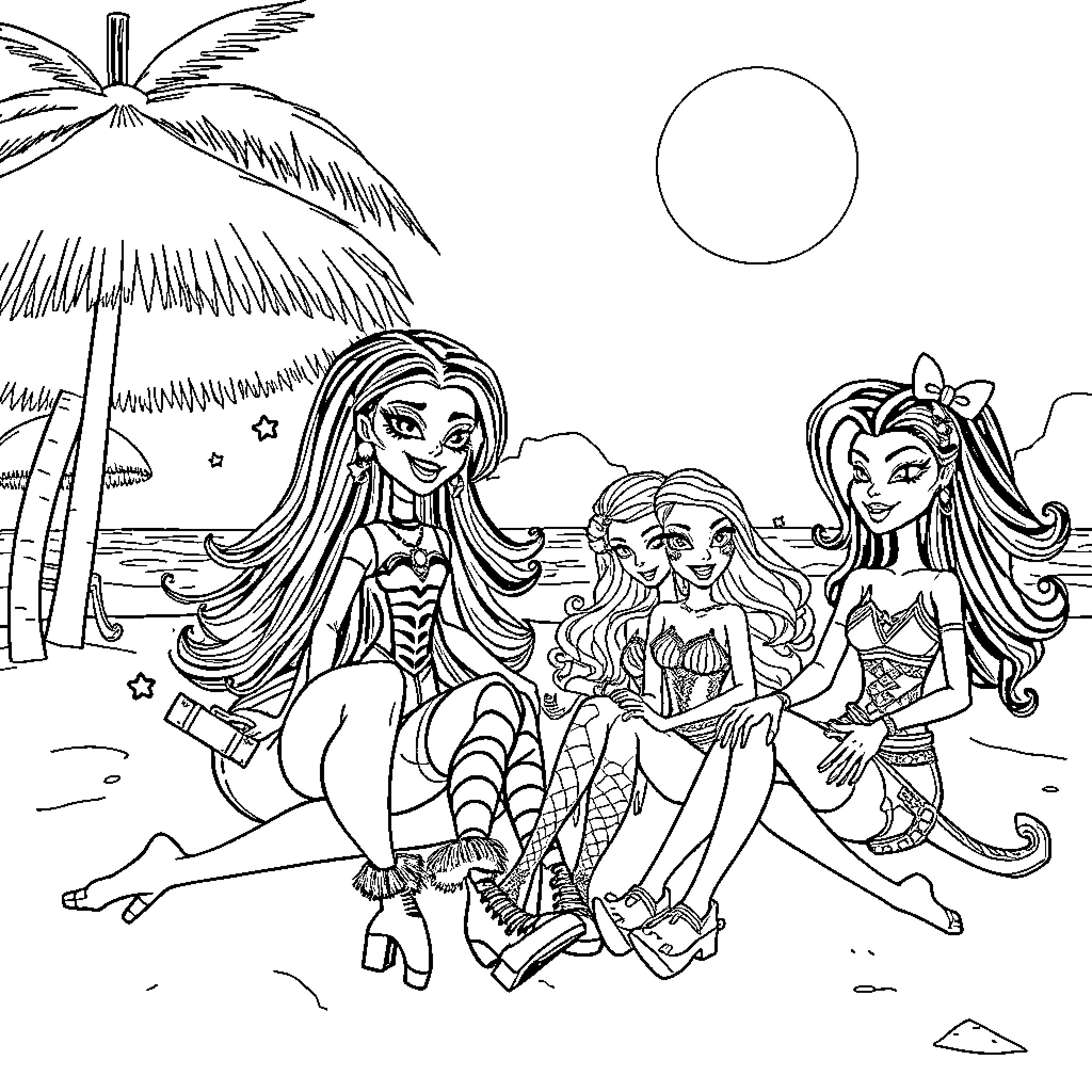 Monster girls in tropical vacation attire Coloring Page (free black-and-white line drawing printable PDF for all, from beginners to advanced learners, including children, teens, adults, and seniors)