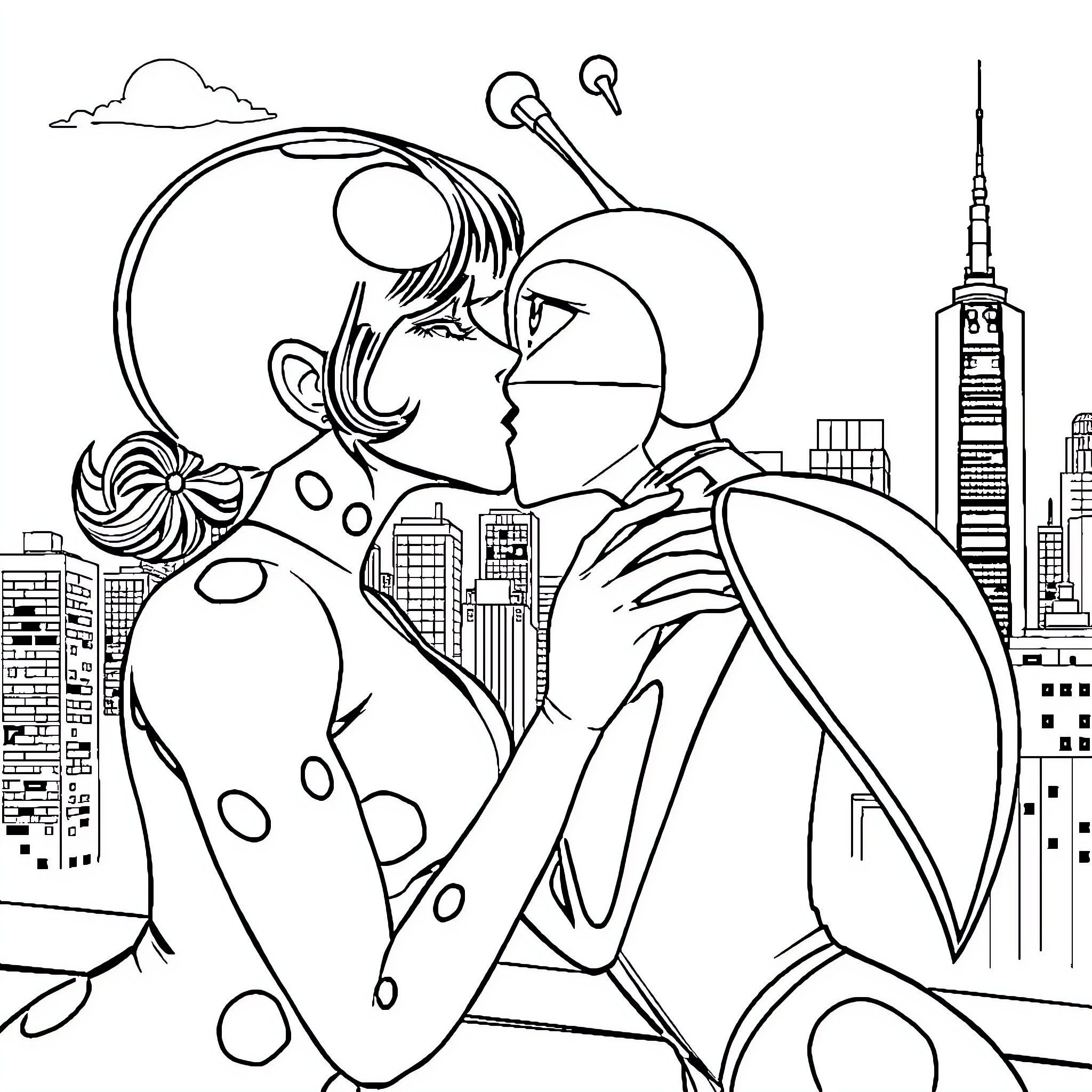 Ladybug enjoying the city view in her costume Coloring Page (free black-and-white line drawing printable PDF for all, from beginners to advanced learners, including children, teens, adults, and seniors)