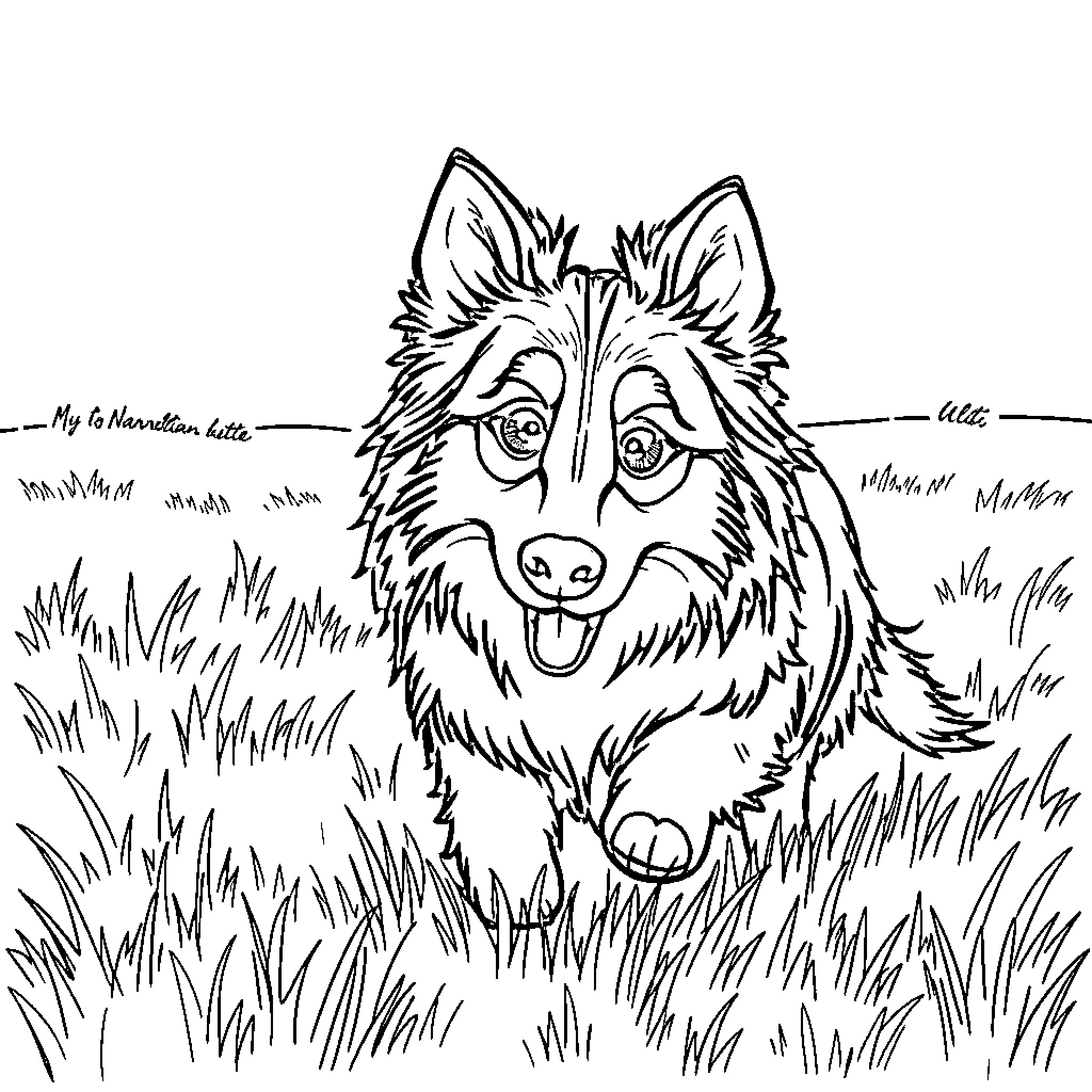 Shetland Sheepdog exploring the grassy field Coloring Page (free black-and-white line drawing printable PDF for all, from beginners to advanced learners, including children, teens, adults, and seniors)