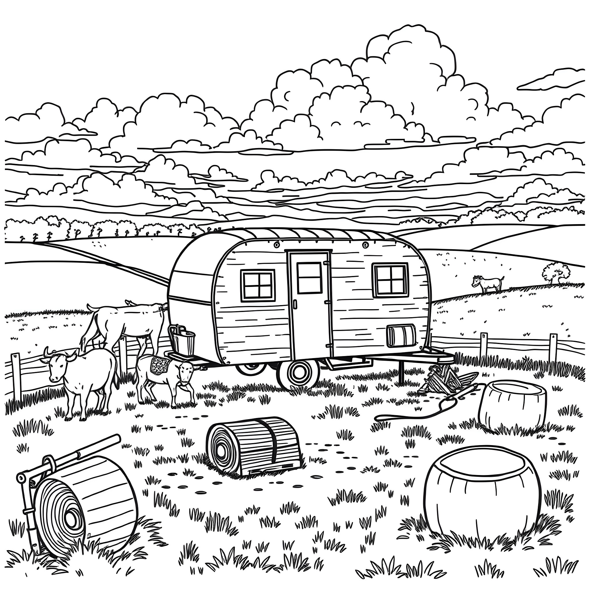 Farm Trailer Parked in Grassy Countryside Landscape Coloring Page (free black-and-white line drawing printable PDF for all, from beginners to advanced learners, including children, teens, adults, and seniors)